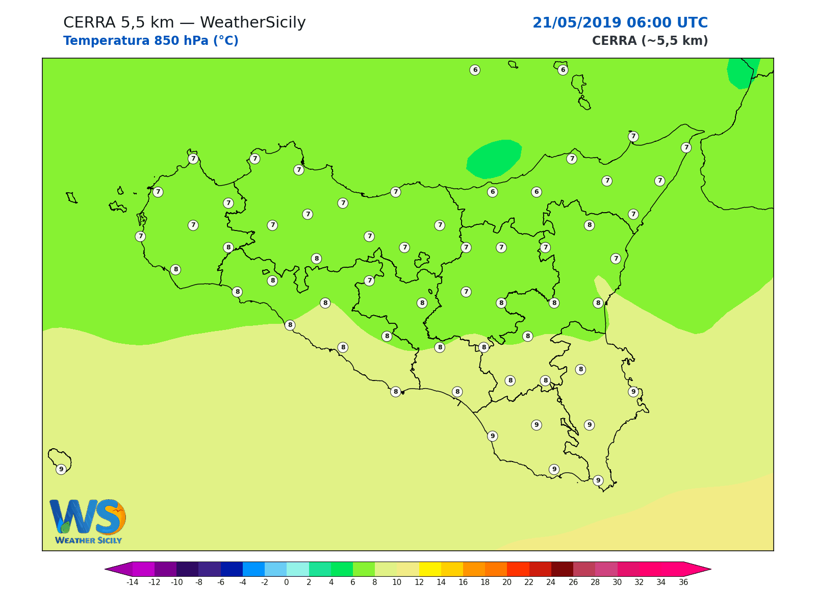 Temperatura a 850 hPa · 2019052106