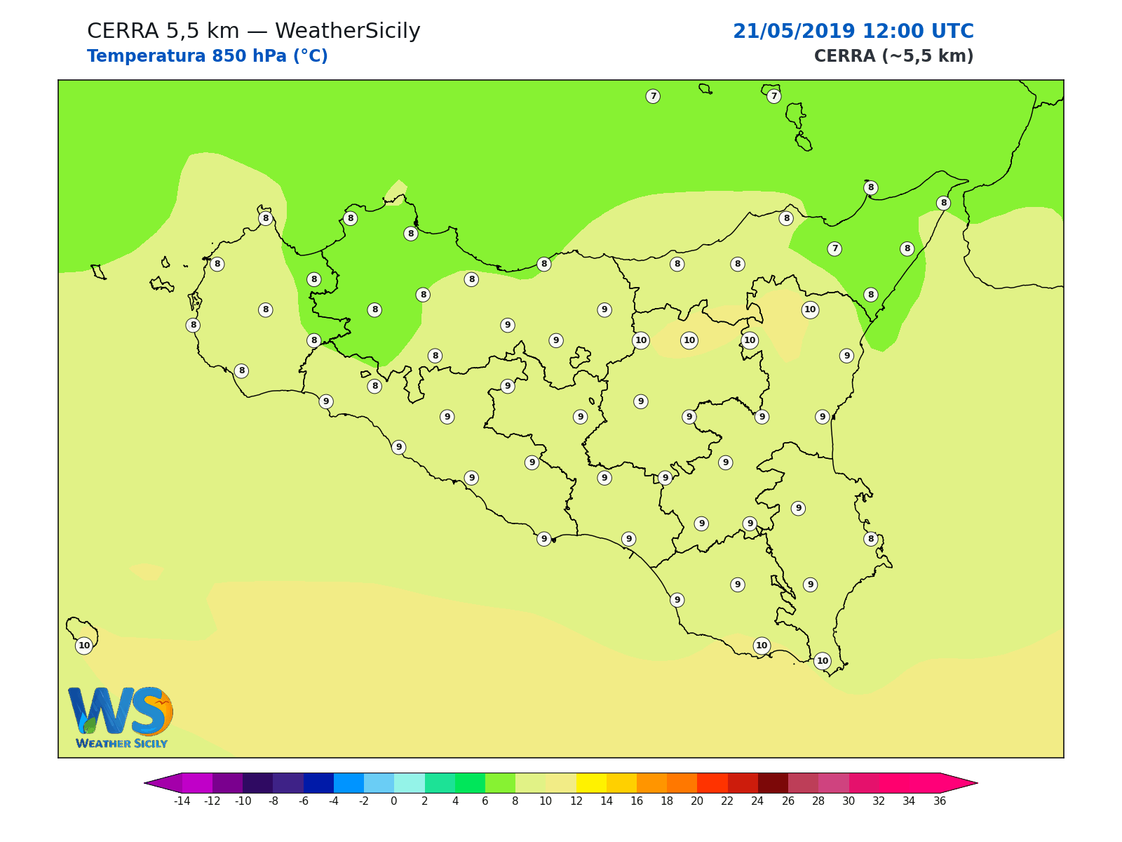 Temperatura a 850 hPa · 2019052112