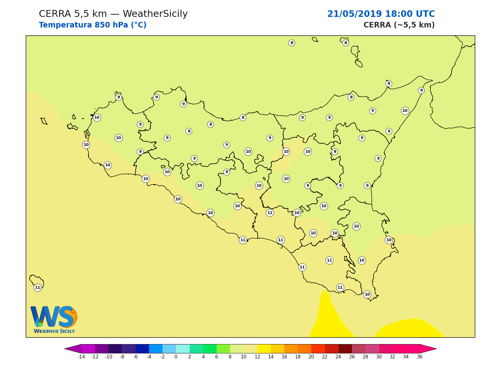 Temperatura a 850 hPa · 2019052118