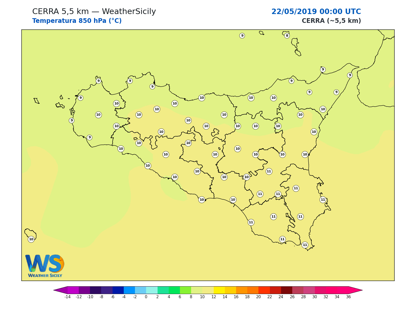 Temperatura a 850 hPa · 2019052200