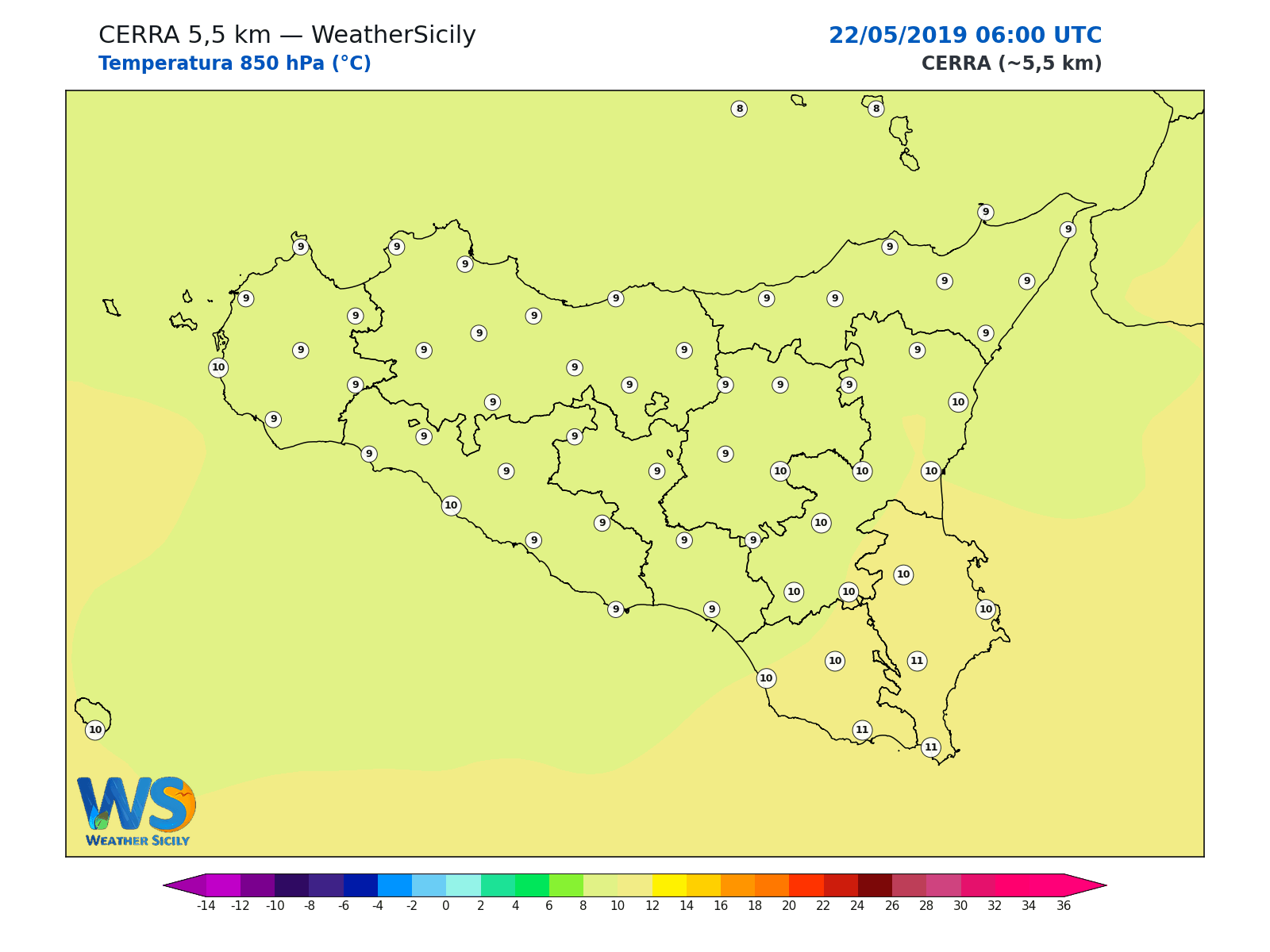 Temperatura a 850 hPa · 2019052206