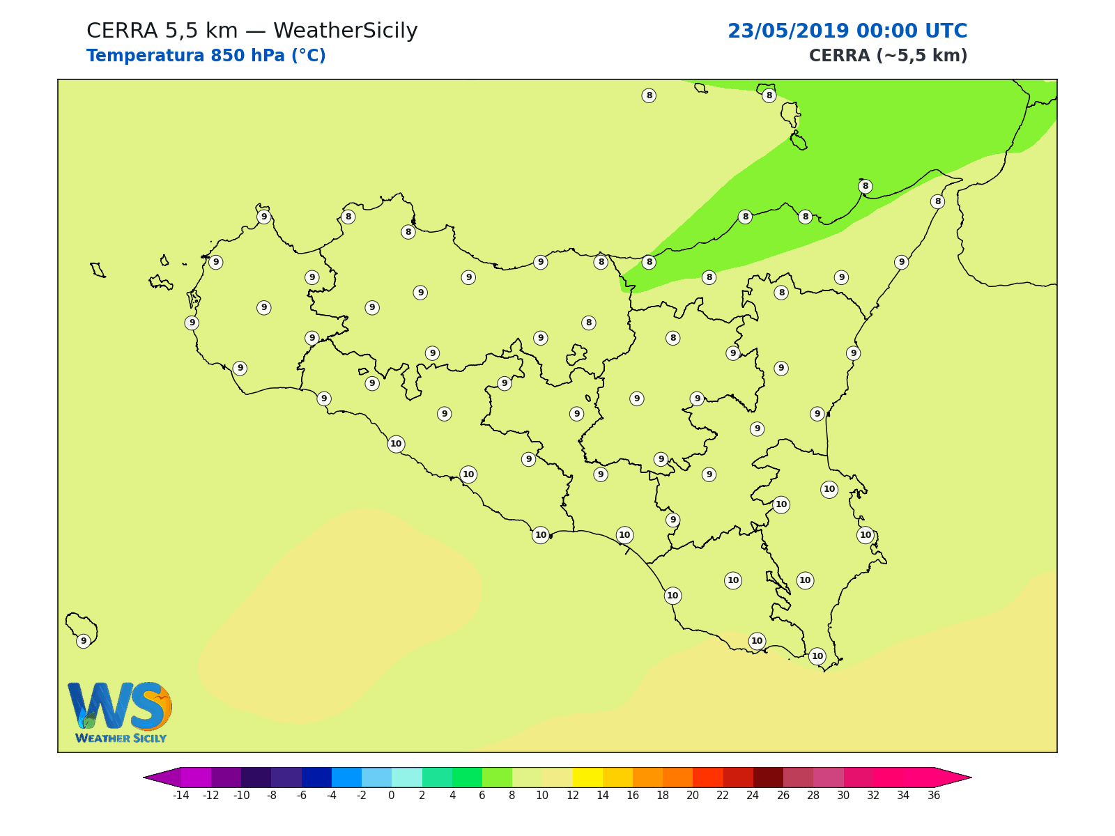 Temperatura a 850 hPa · 2019052300