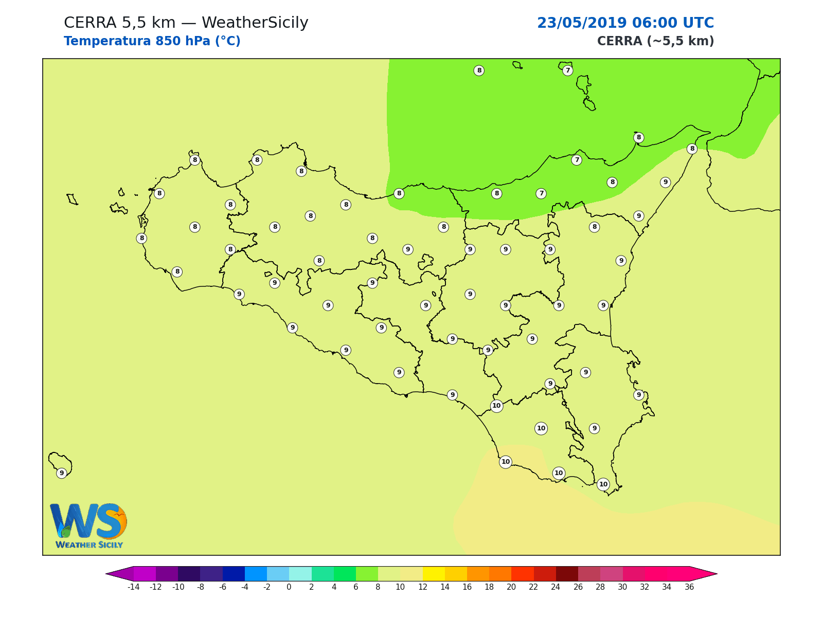 Temperatura a 850 hPa · 2019052306