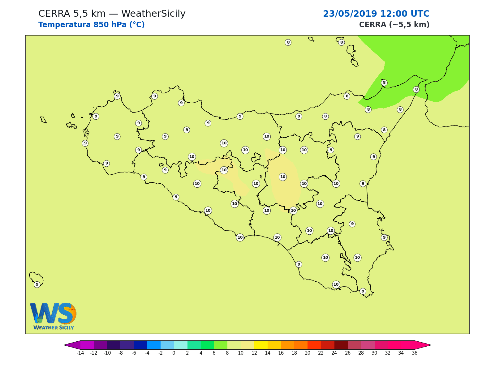 Temperatura a 850 hPa · 2019052312