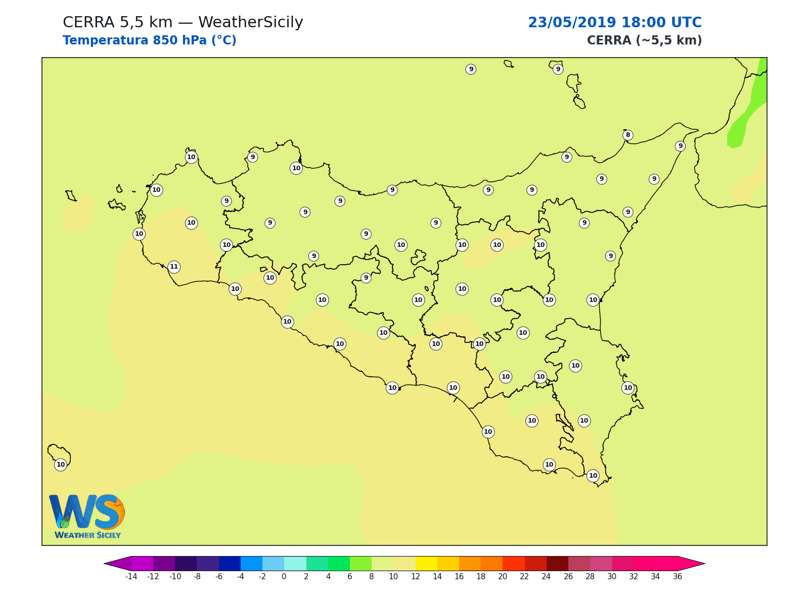 Temperatura a 850 hPa · 2019052318