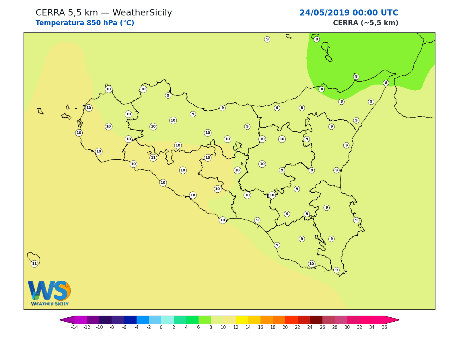 Temperatura a 850 hPa · 2019052400