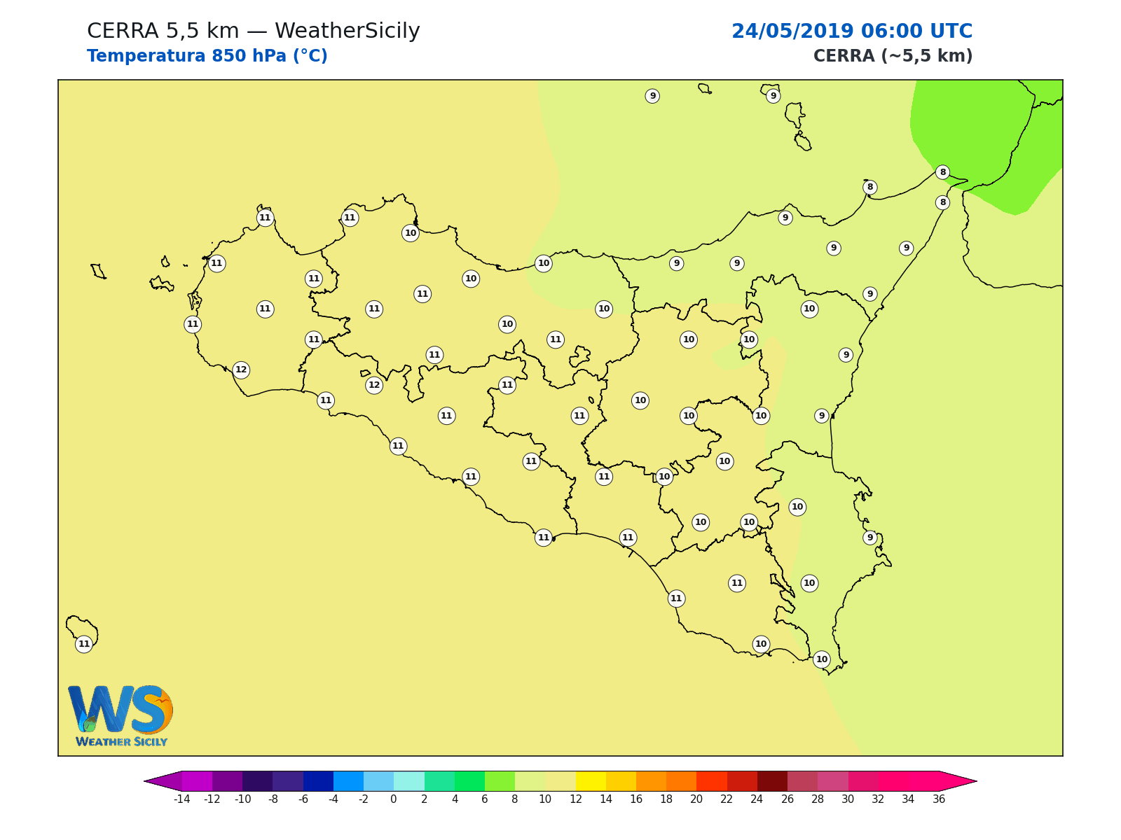 Temperatura a 850 hPa · 2019052406