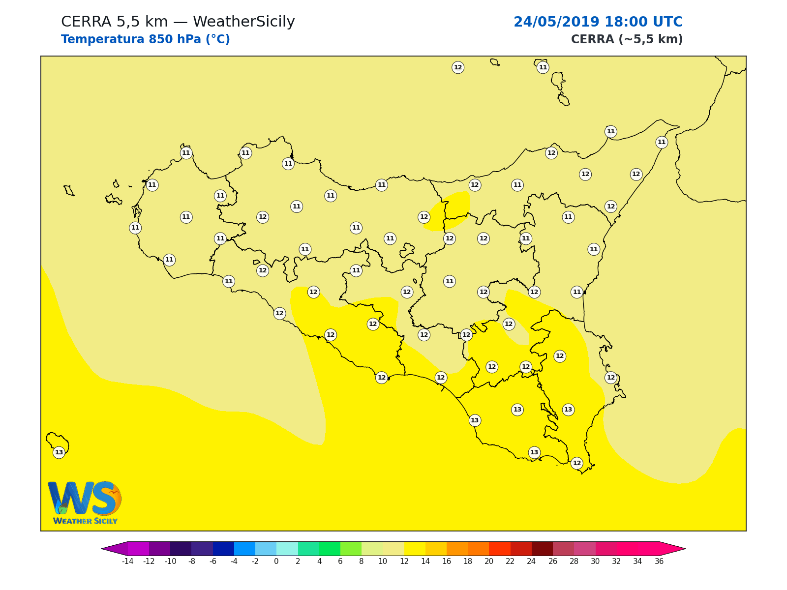 Temperatura a 850 hPa · 2019052418