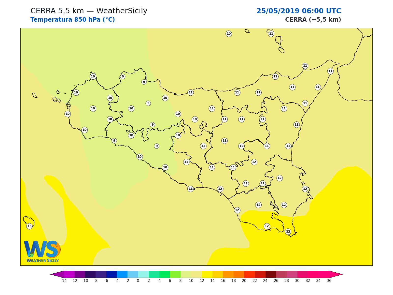 Temperatura a 850 hPa · 2019052506