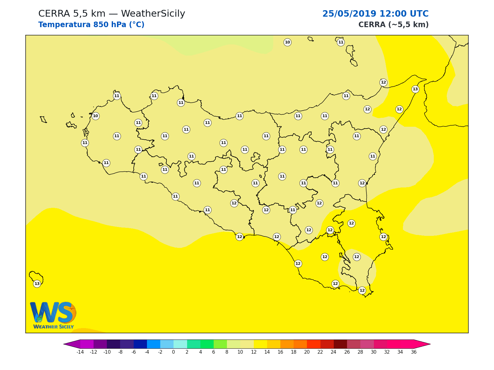 Temperatura a 850 hPa · 2019052512