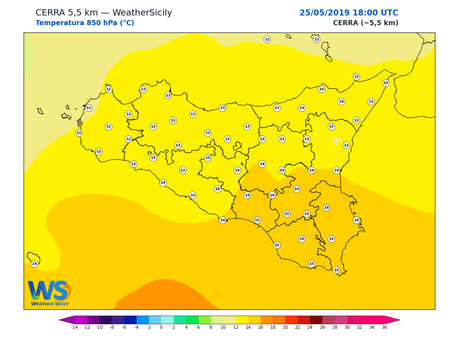Temperatura a 850 hPa · 2019052518