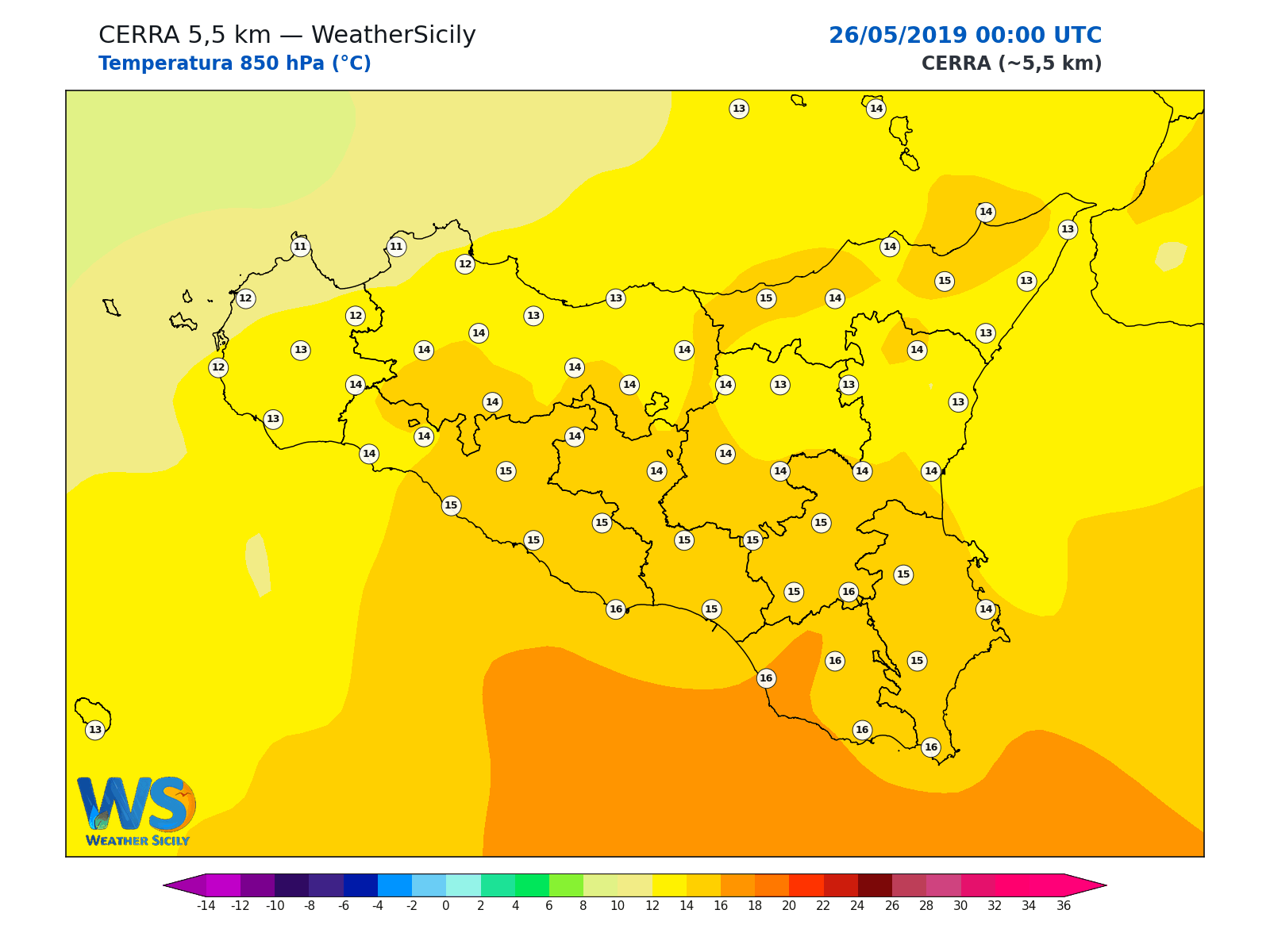 Temperatura a 850 hPa · 2019052600