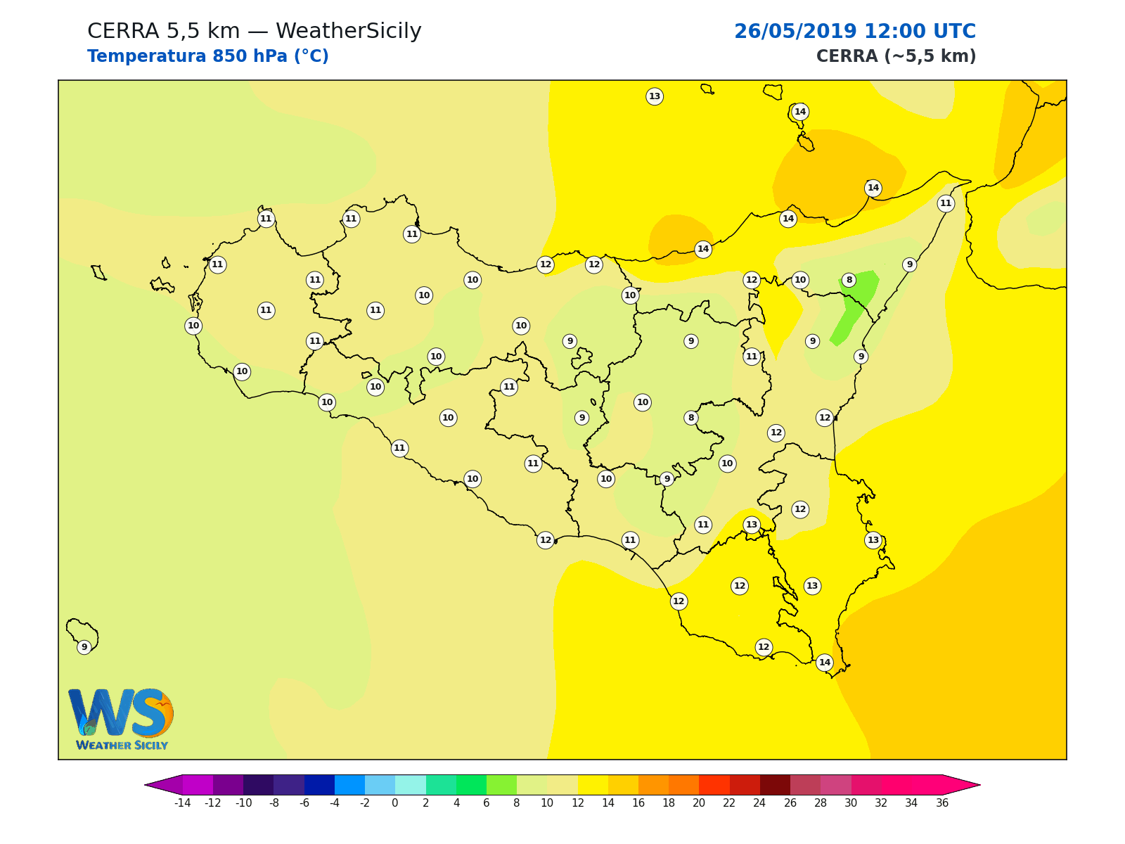 Temperatura a 850 hPa · 2019052612