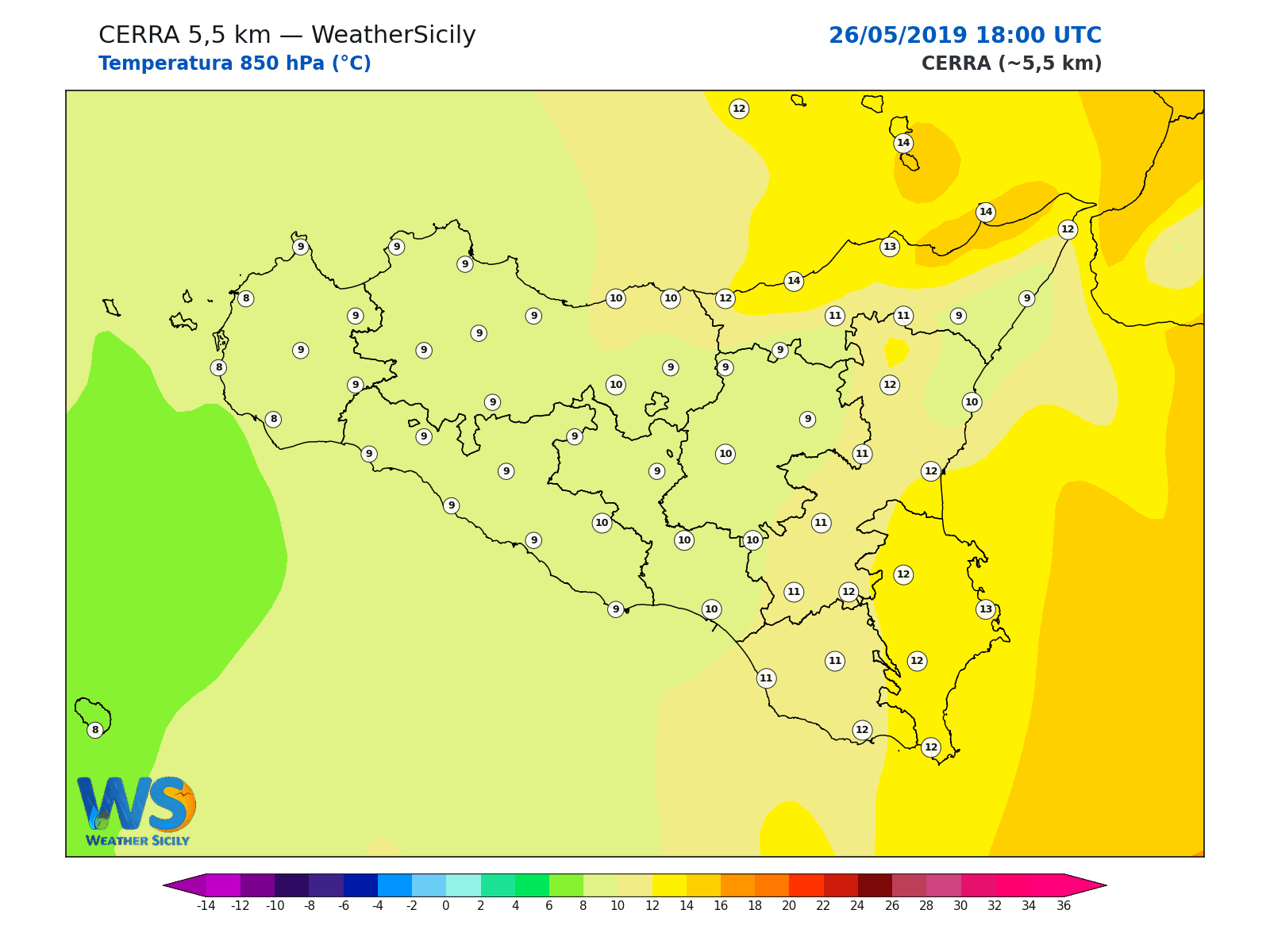 Temperatura a 850 hPa · 2019052618