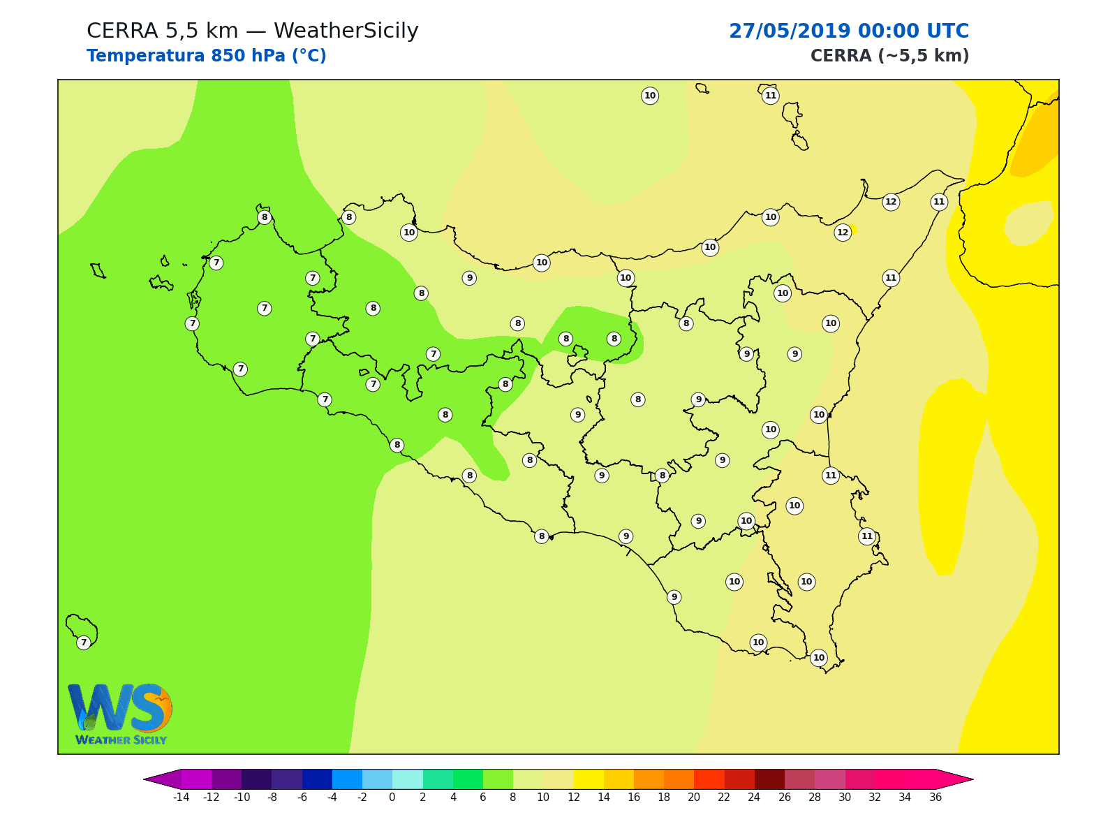Temperatura a 850 hPa · 2019052700