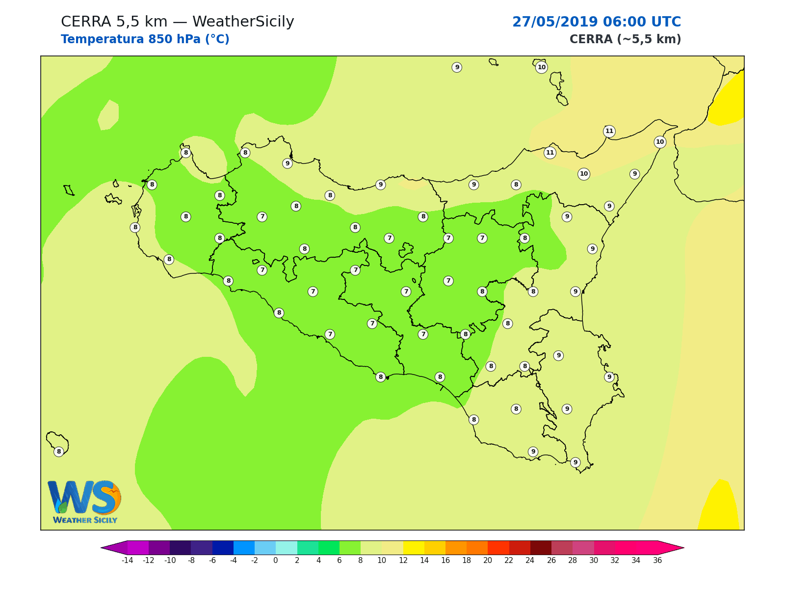 Temperatura a 850 hPa · 2019052706