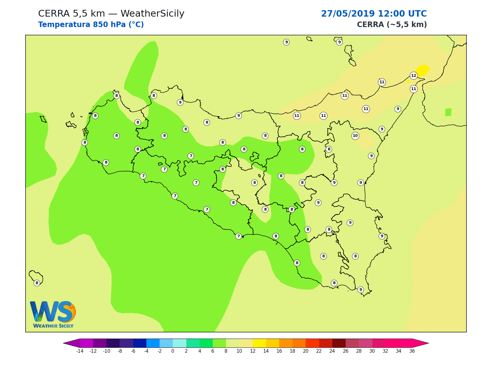 Temperatura a 850 hPa · 2019052712