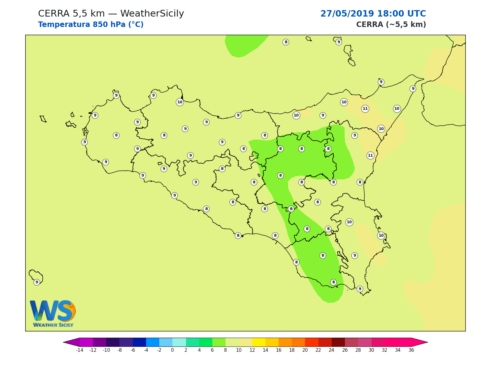 Temperatura a 850 hPa · 2019052718
