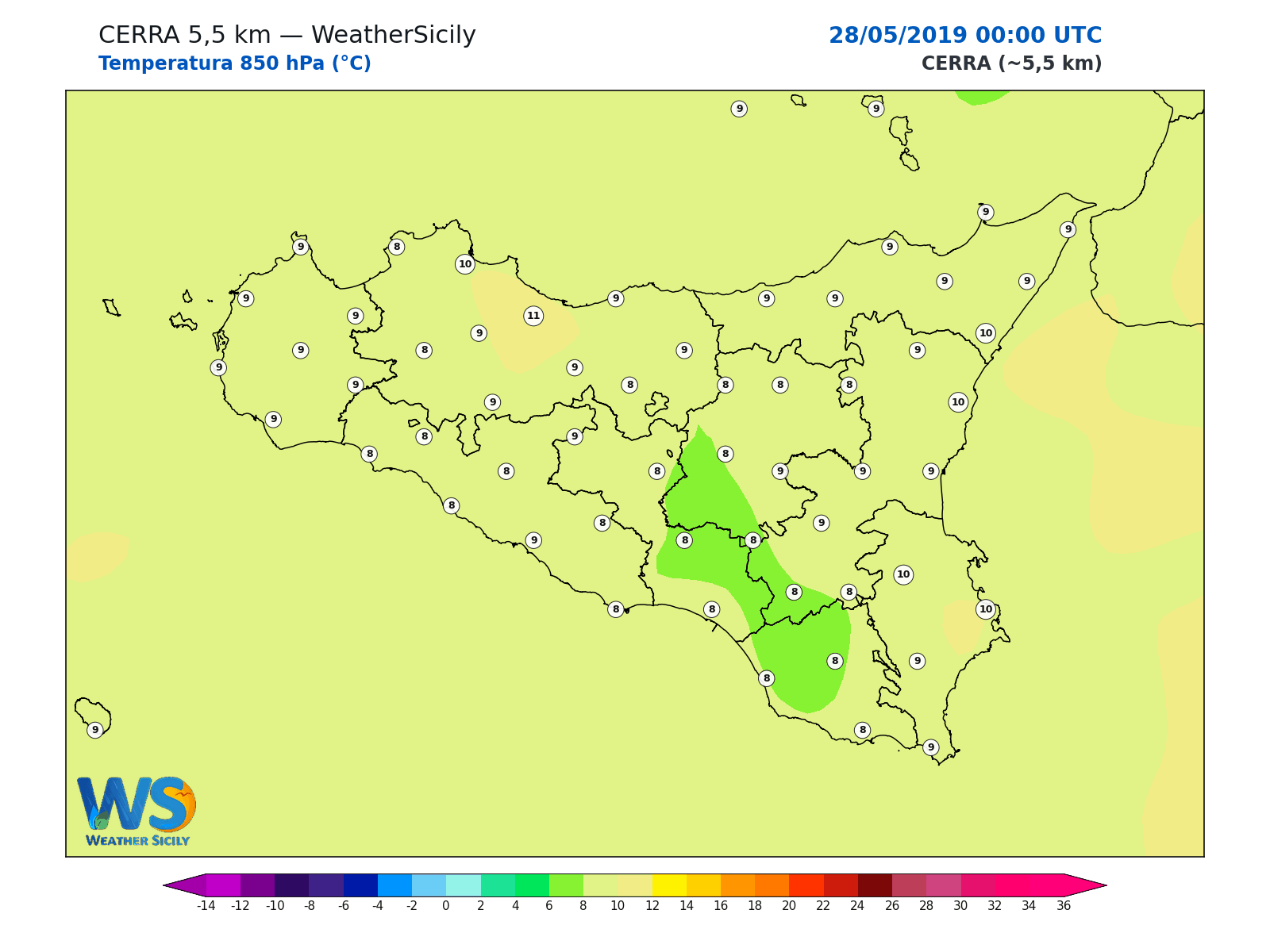 Temperatura a 850 hPa · 2019052800