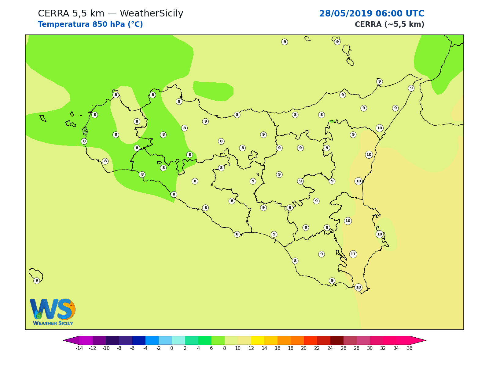 Temperatura a 850 hPa · 2019052806