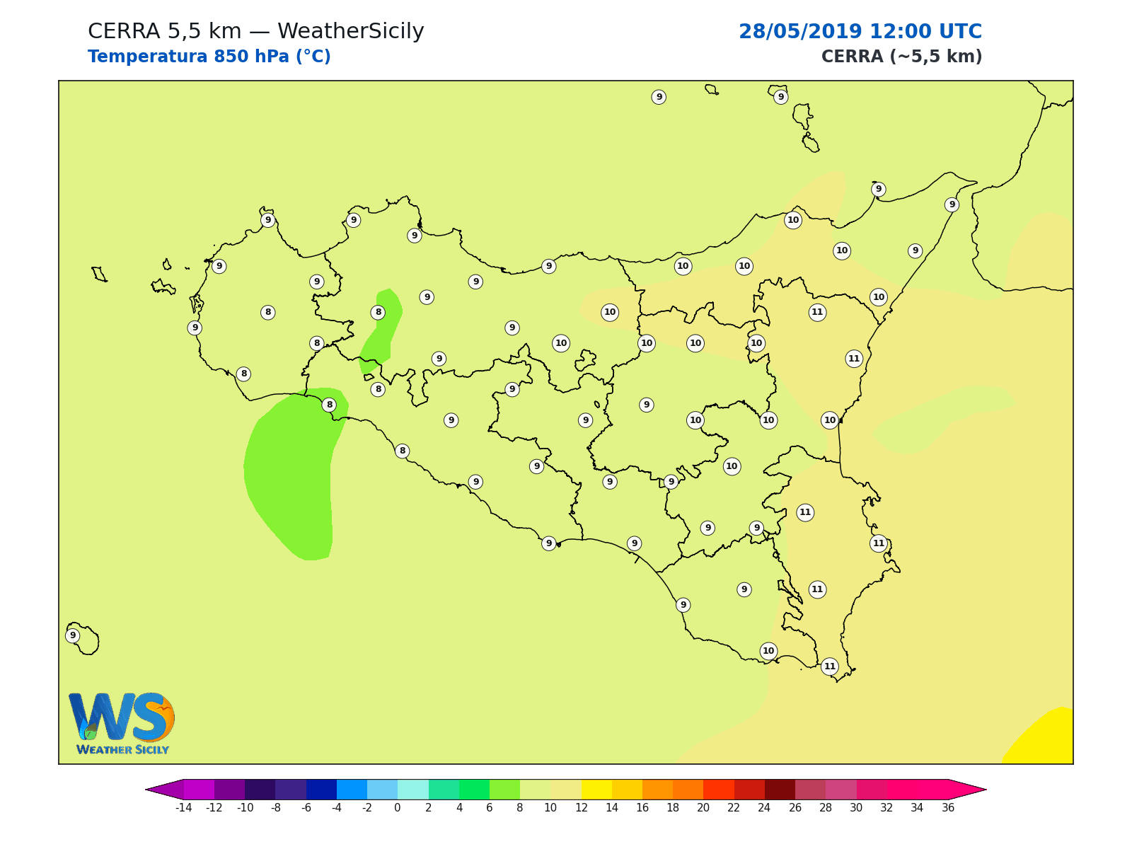Temperatura a 850 hPa · 2019052812