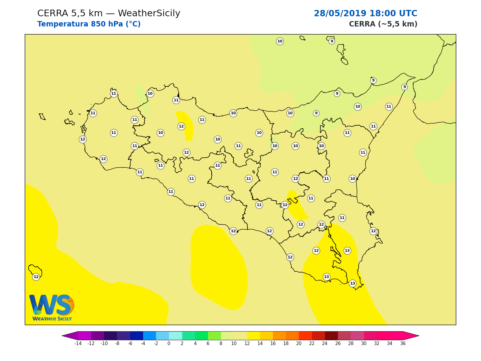 Temperatura a 850 hPa · 2019052818
