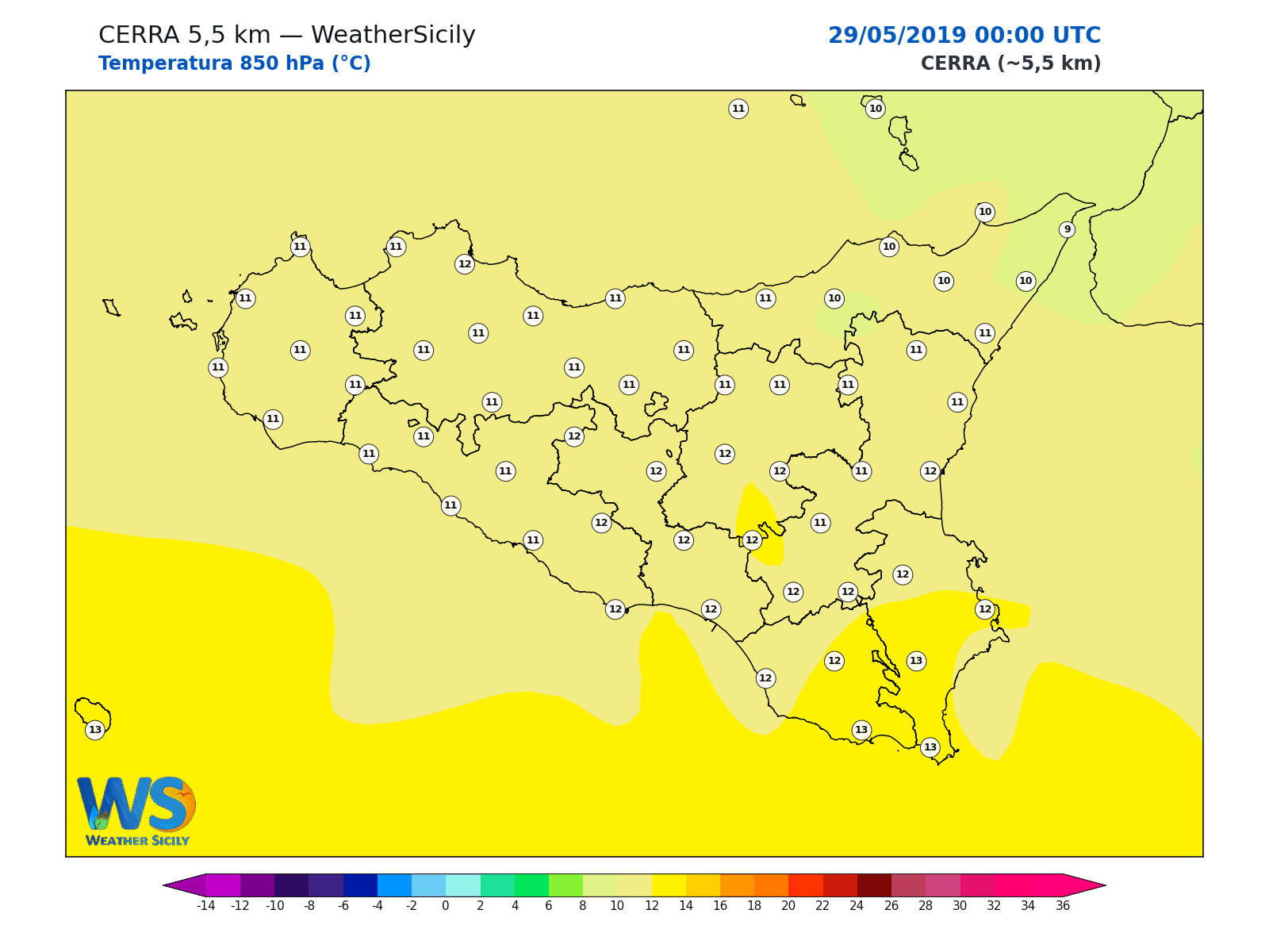 Temperatura a 850 hPa · 2019052900