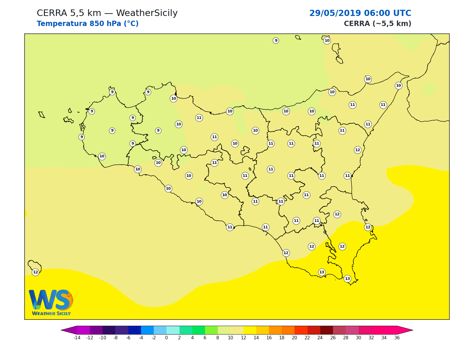 Temperatura a 850 hPa · 2019052906
