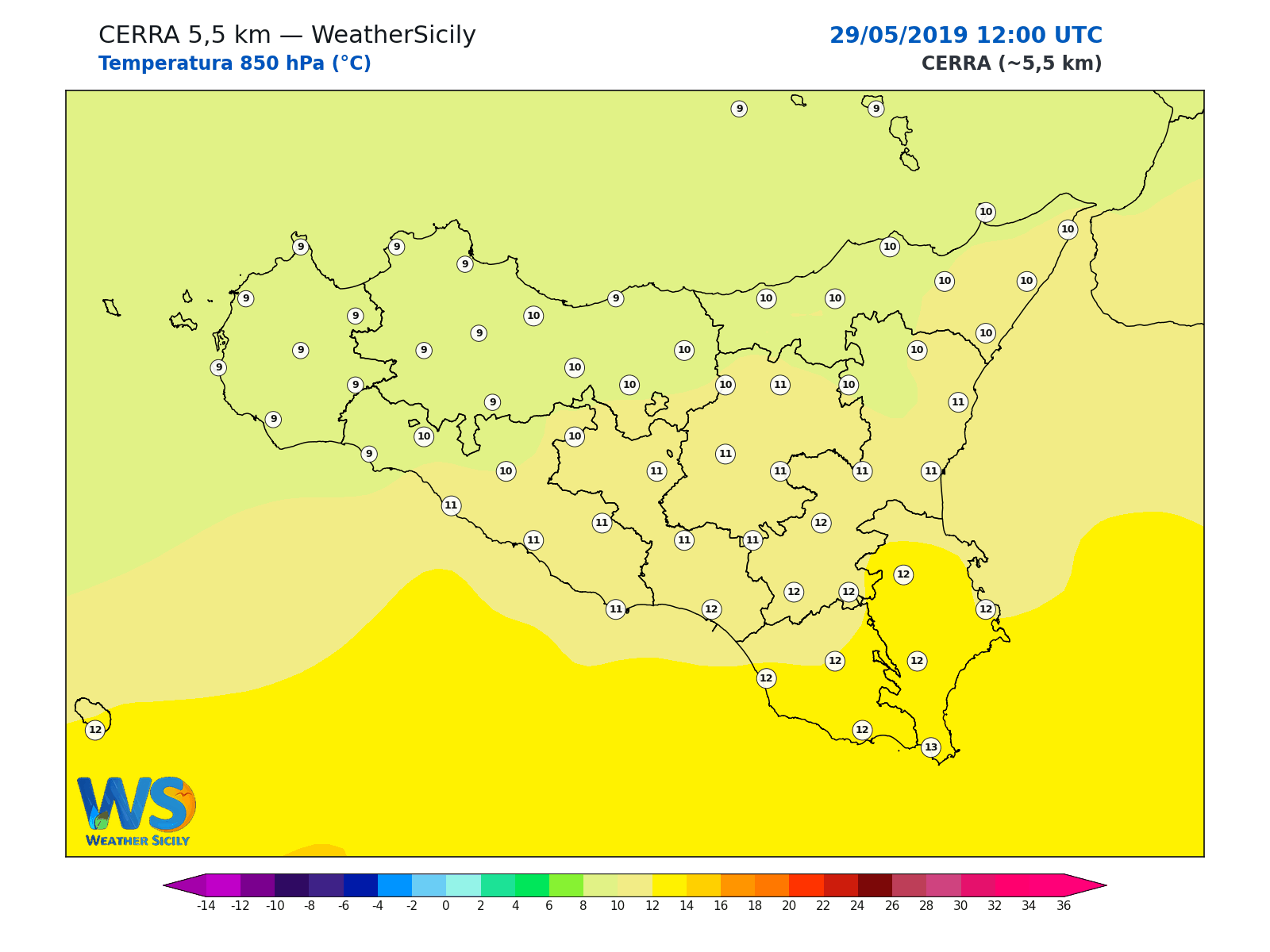 Temperatura a 850 hPa · 2019052912