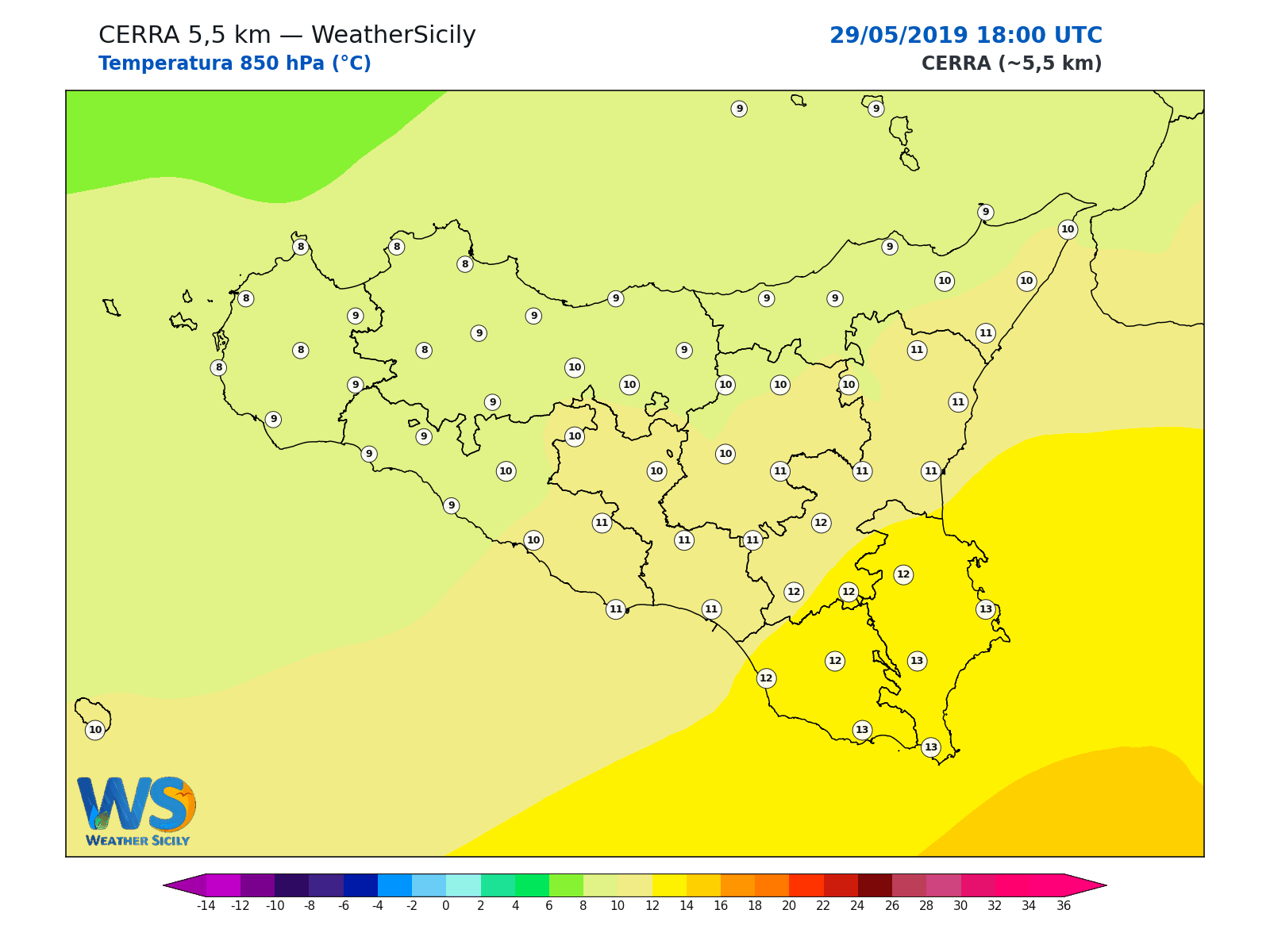 Temperatura a 850 hPa · 2019052918