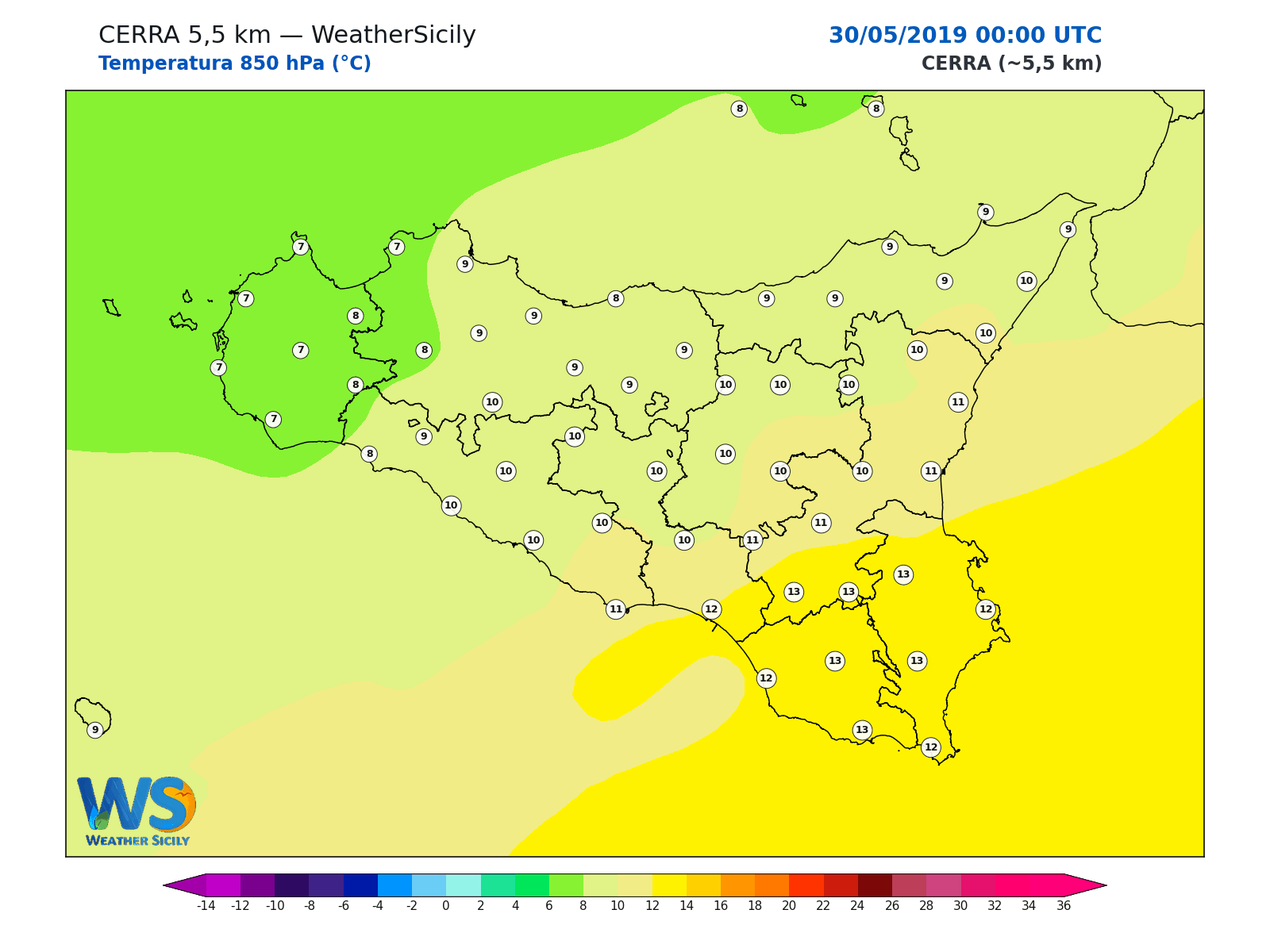 Temperatura a 850 hPa · 2019053000