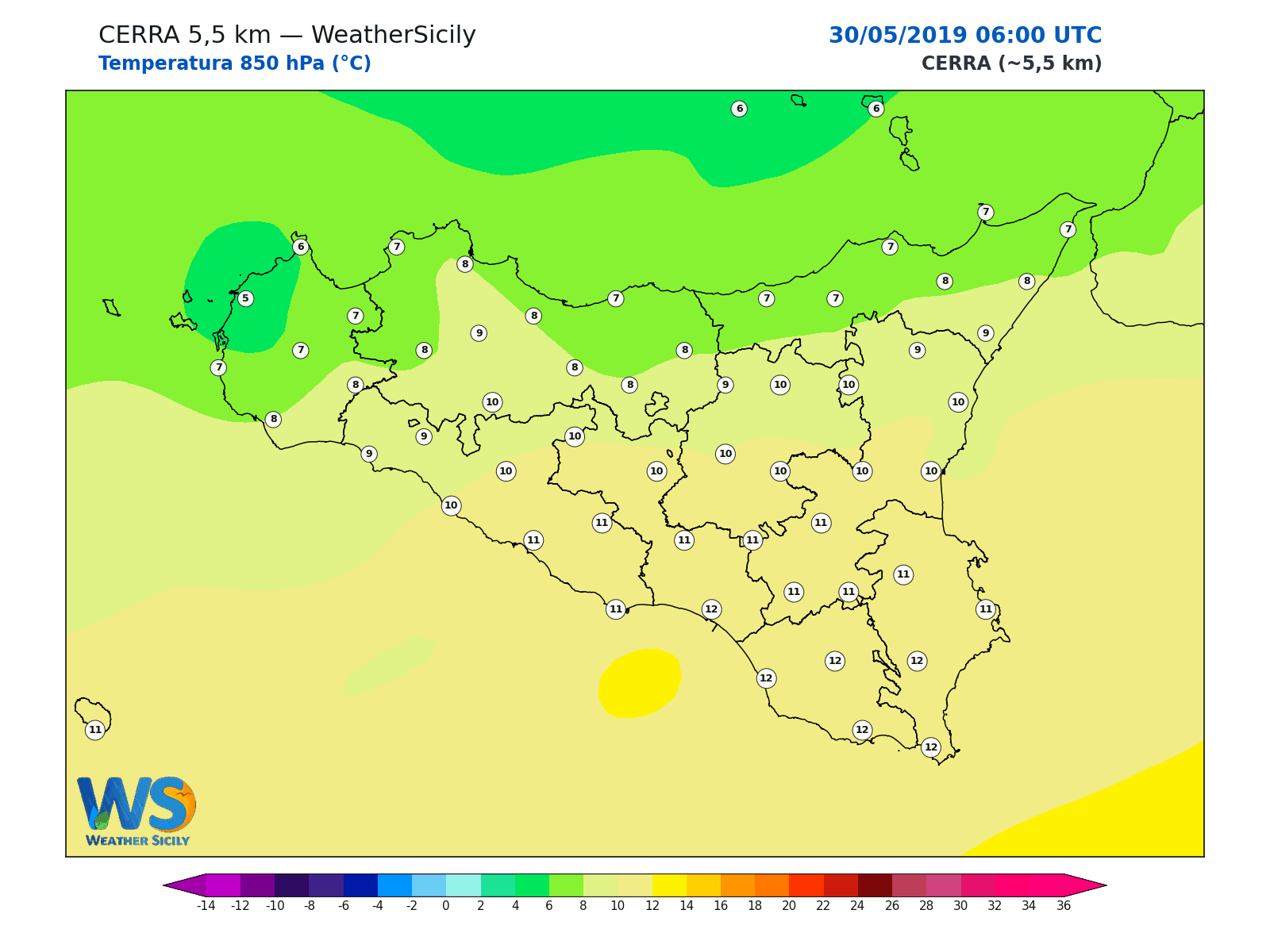 Temperatura a 850 hPa · 2019053006