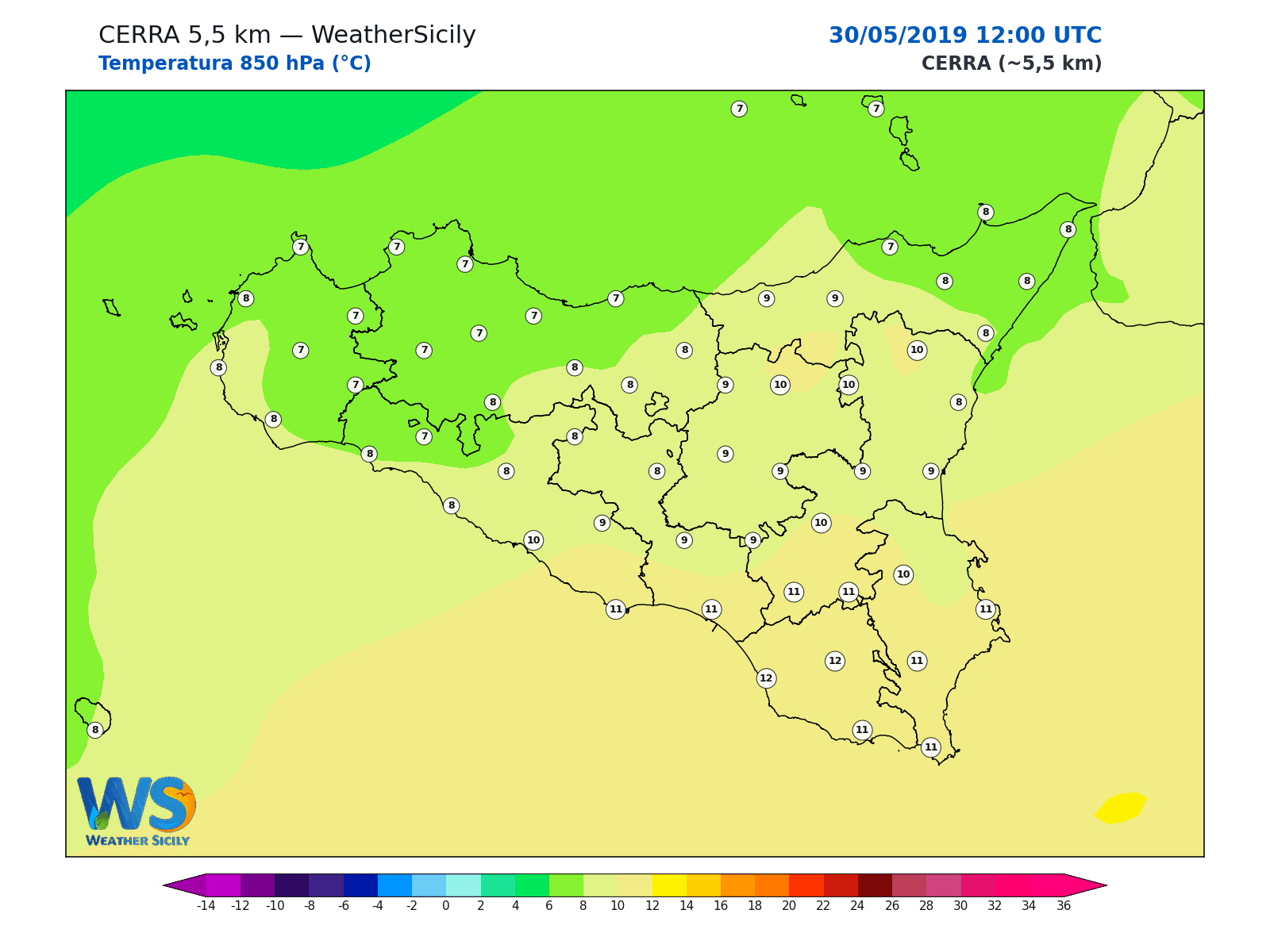 Temperatura a 850 hPa · 2019053012
