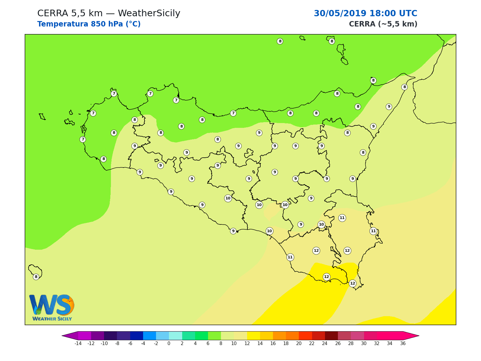 Temperatura a 850 hPa · 2019053018