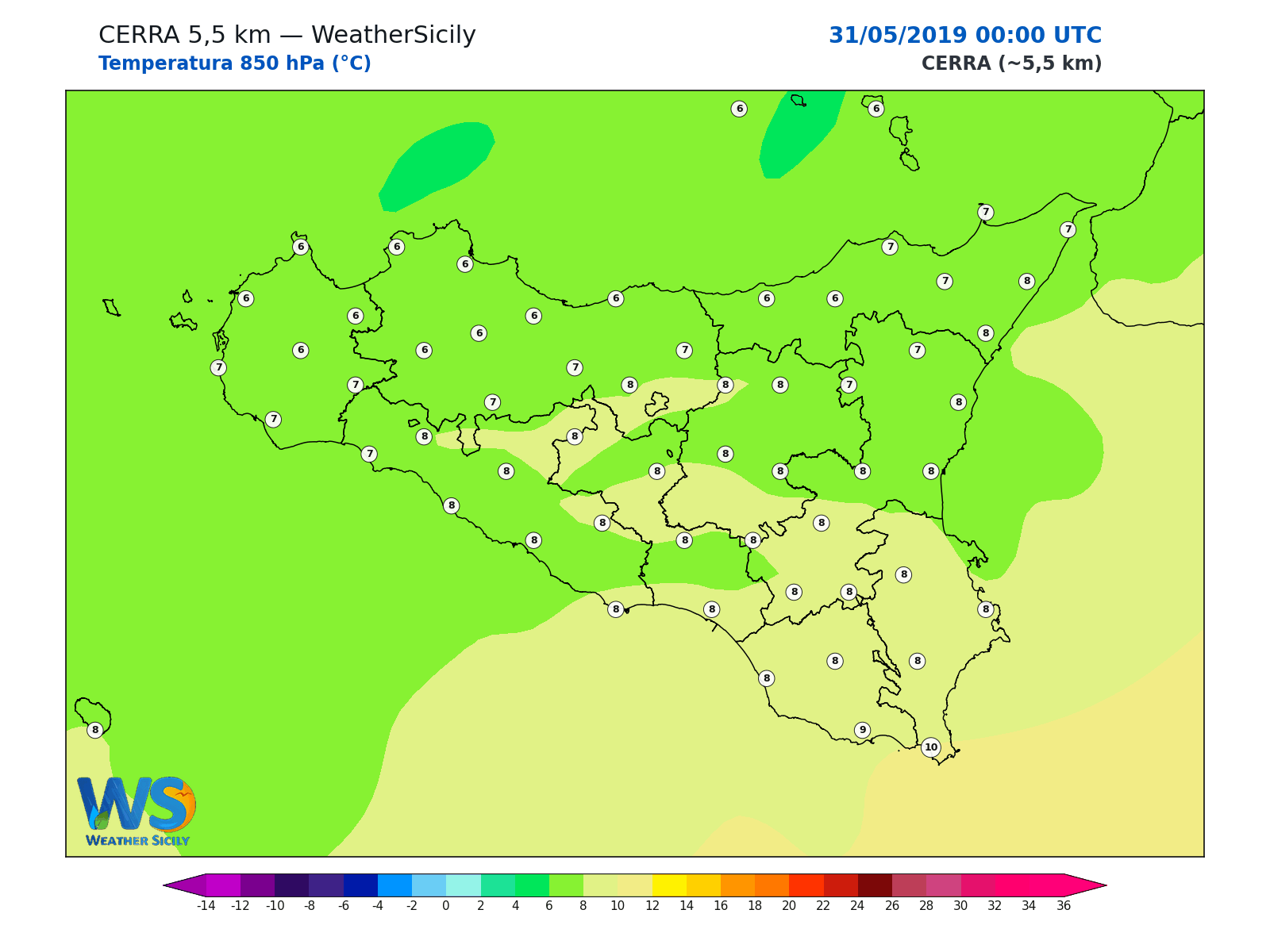 Temperatura a 850 hPa · 2019053100
