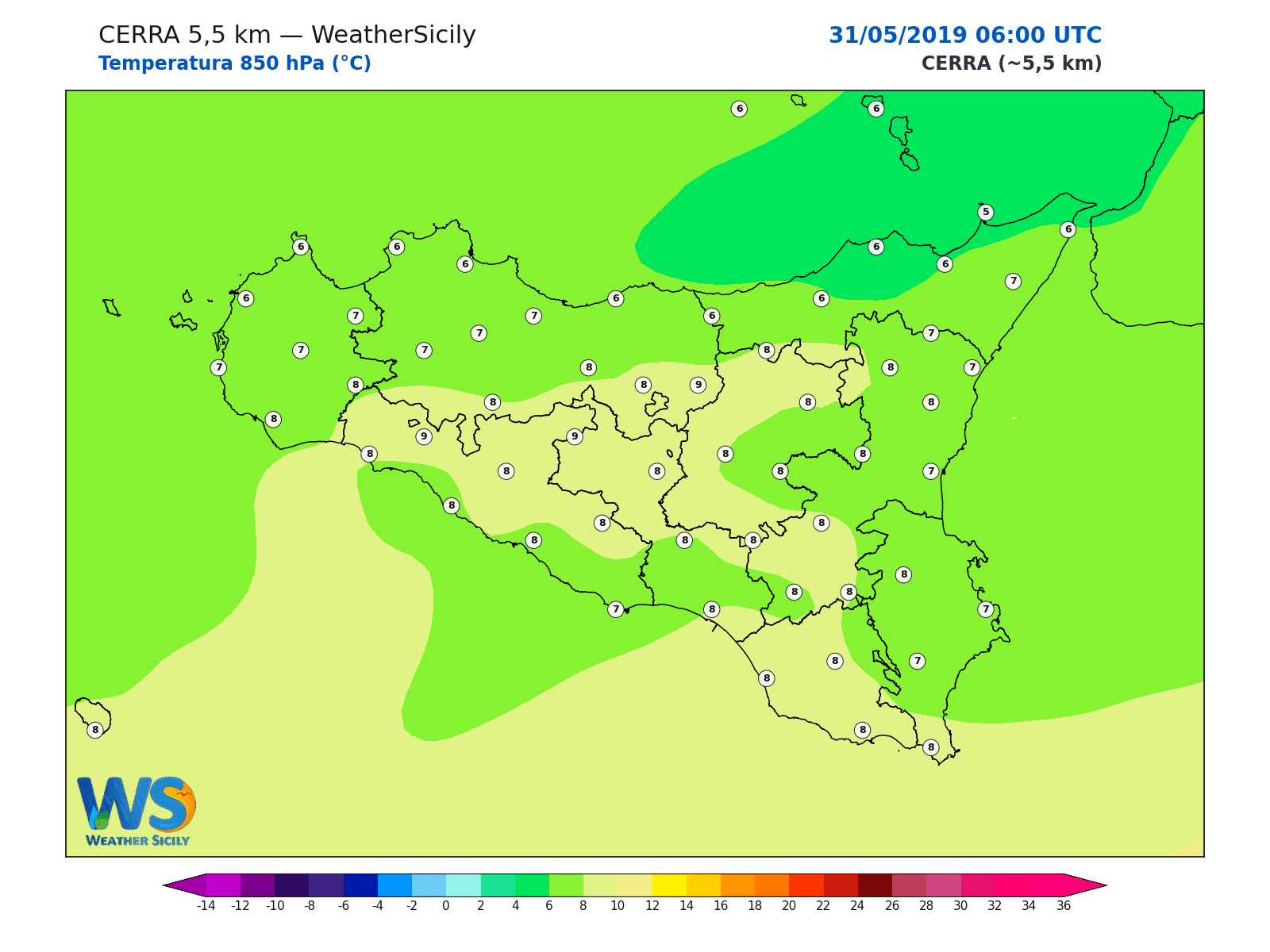 Temperatura a 850 hPa · 2019053106