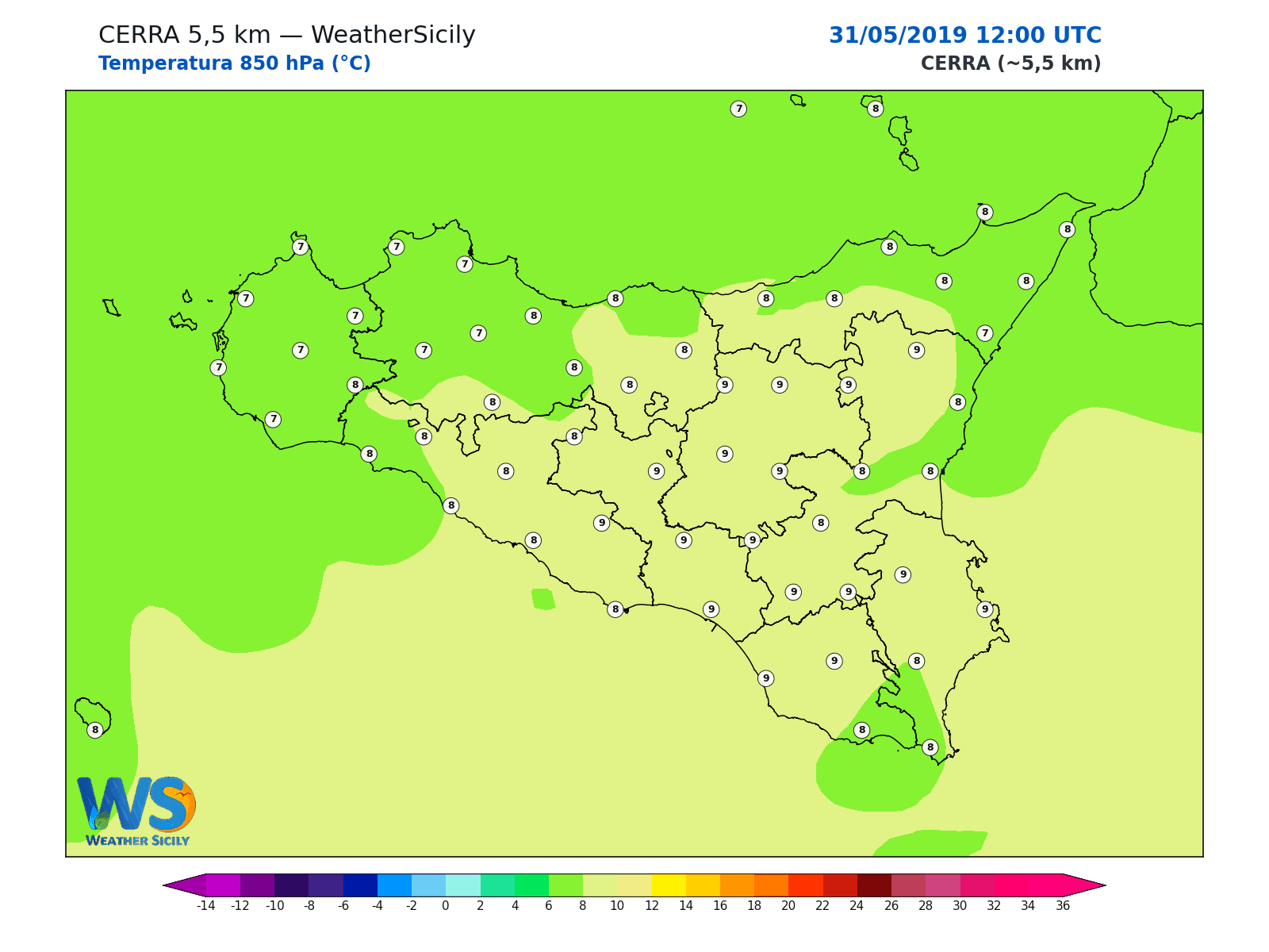 Temperatura a 850 hPa · 2019053112