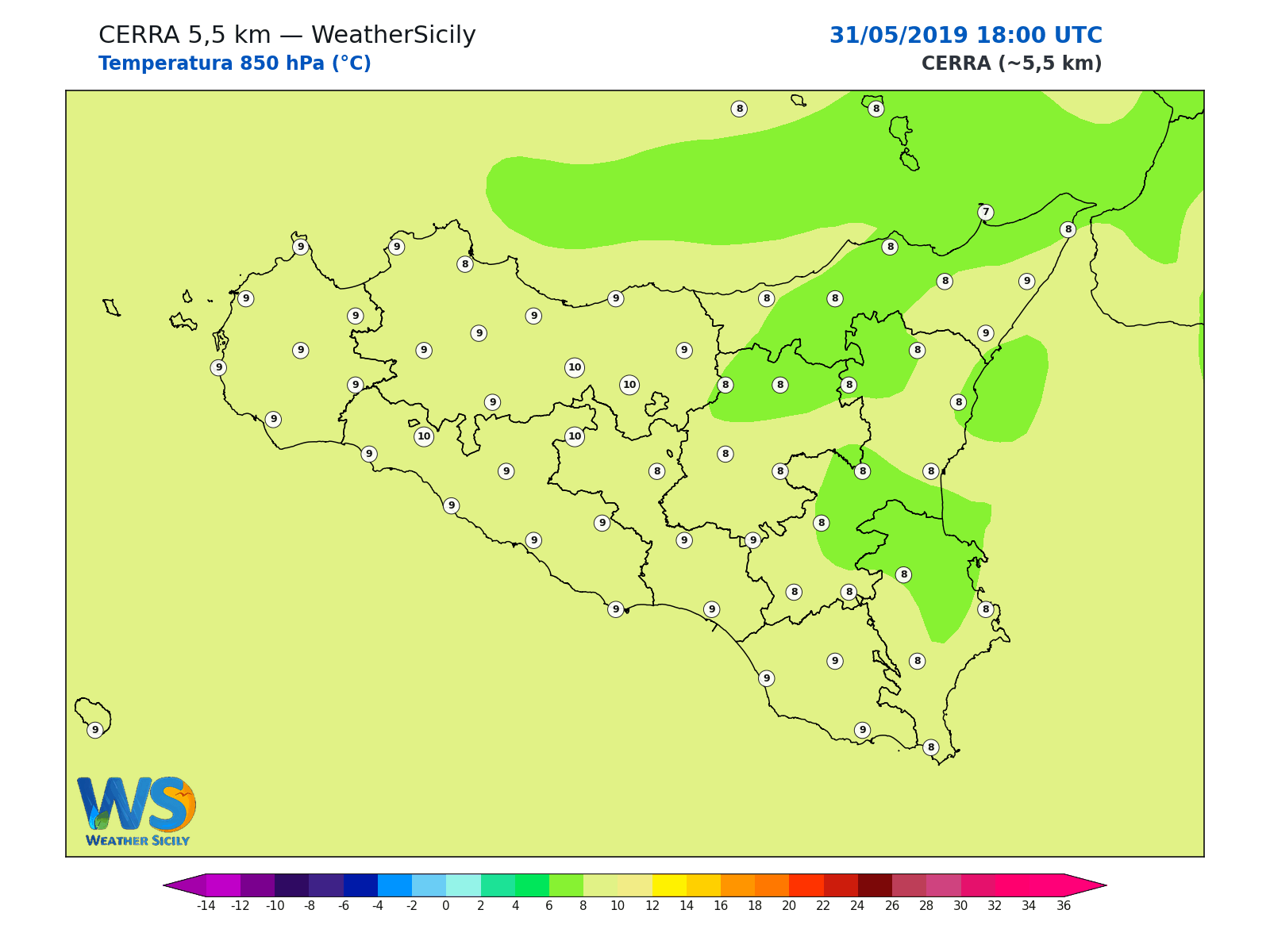 Temperatura a 850 hPa · 2019053118