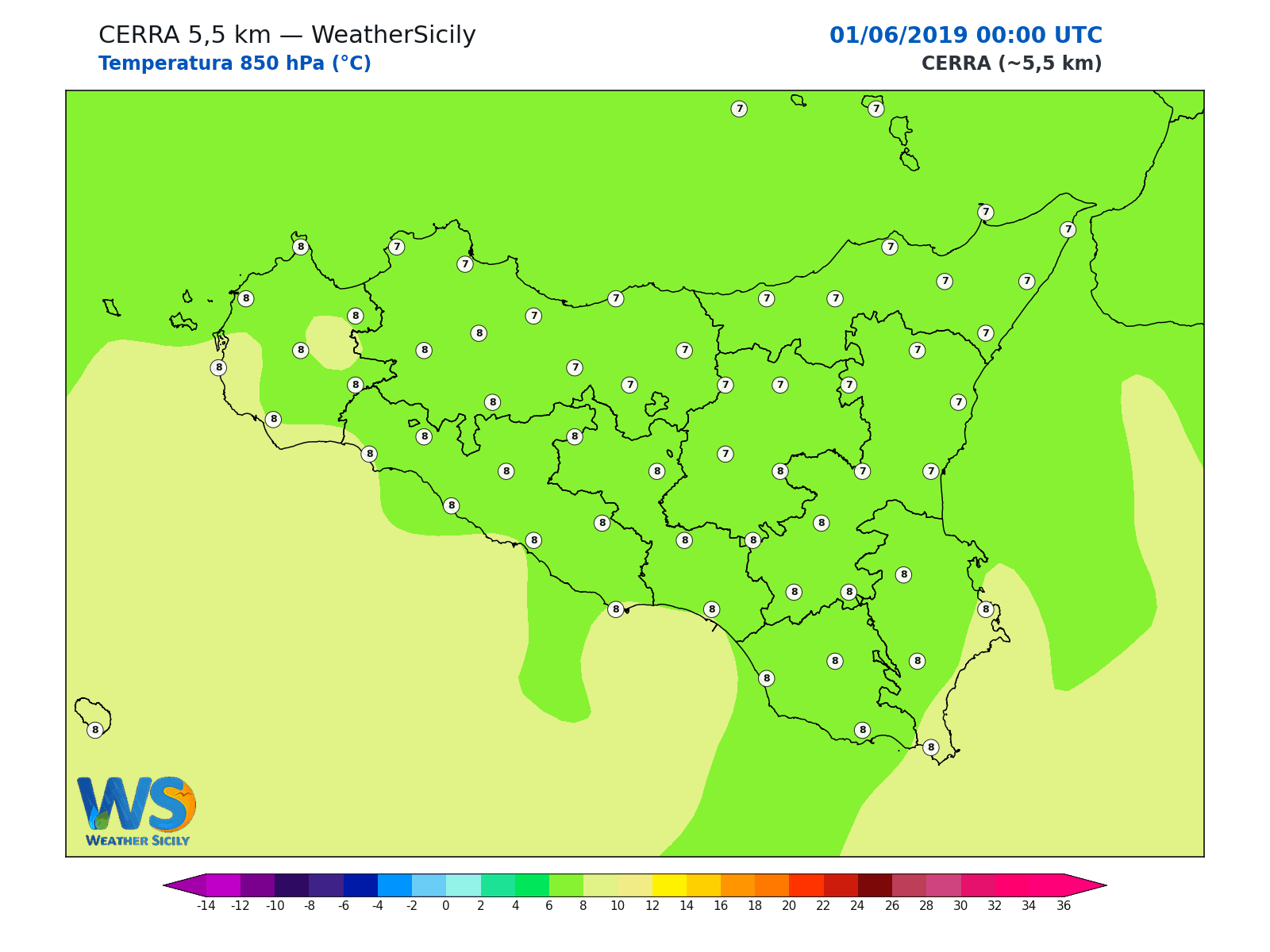 Temperatura a 850 hPa · 2019060100
