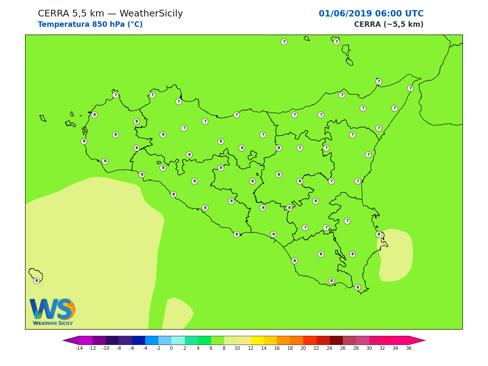 Temperatura a 850 hPa · 2019060106