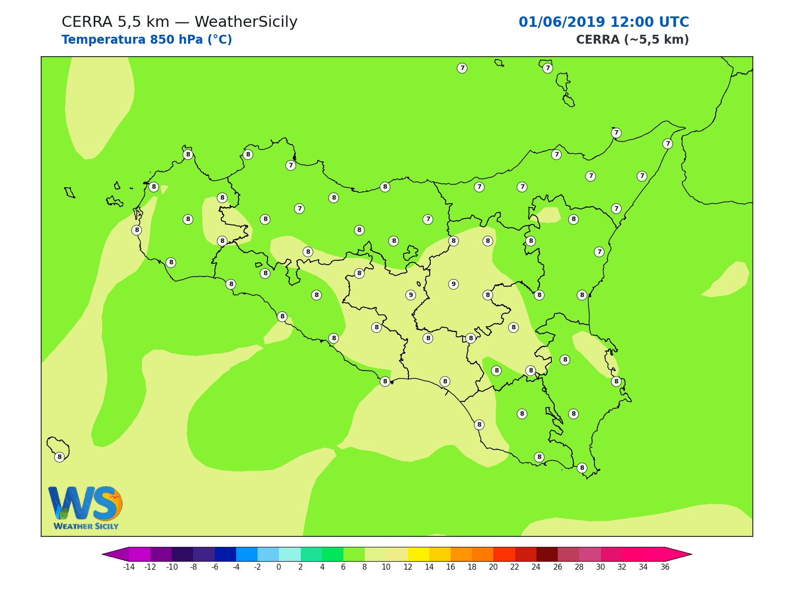 Temperatura a 850 hPa · 2019060112