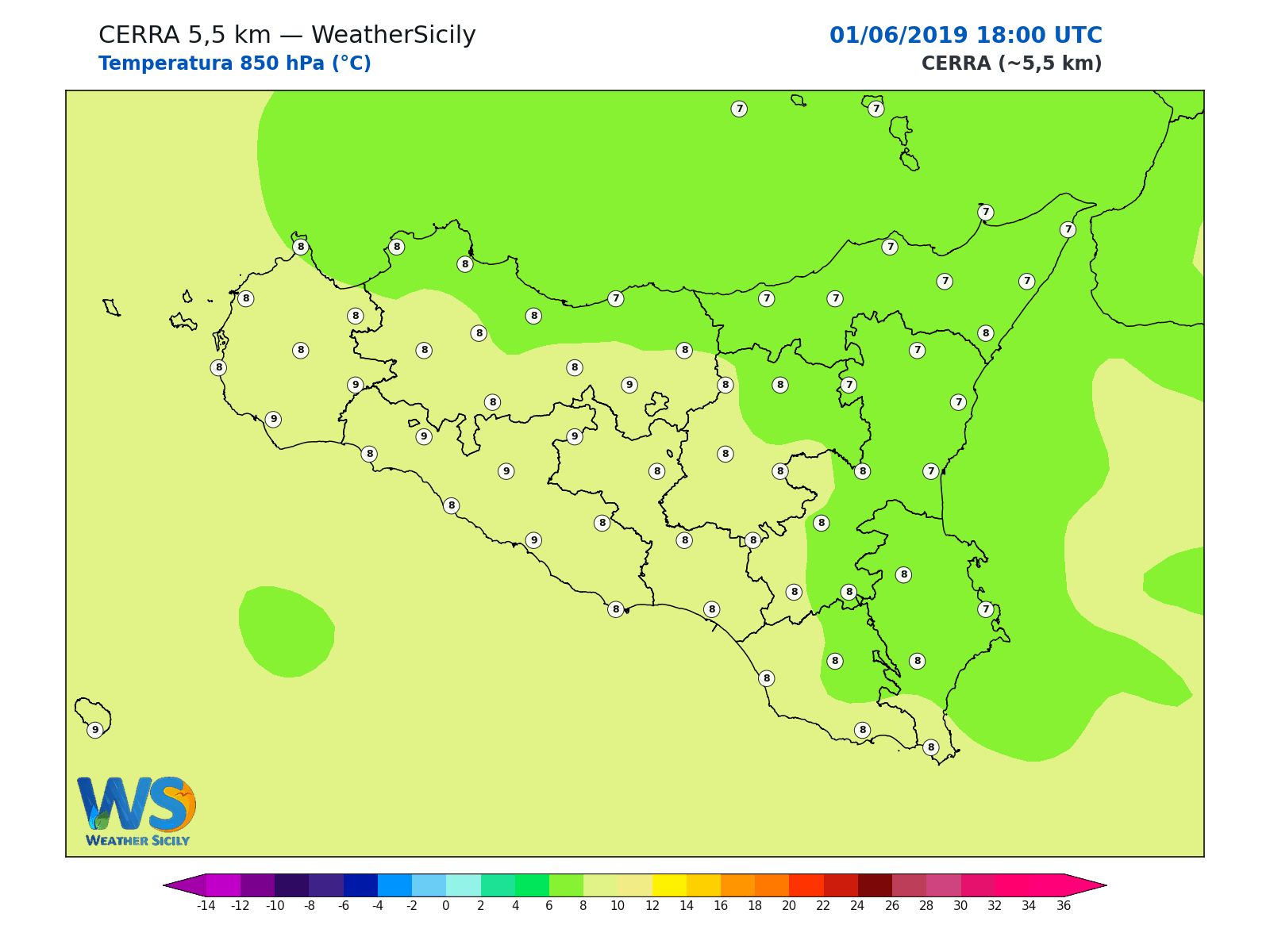 Temperatura a 850 hPa · 2019060118