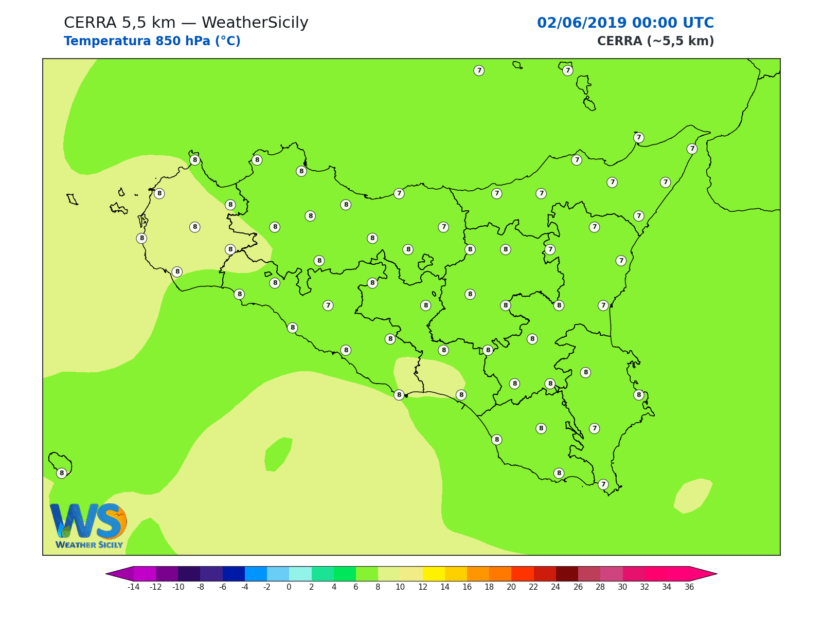 Temperatura a 850 hPa · 2019060200