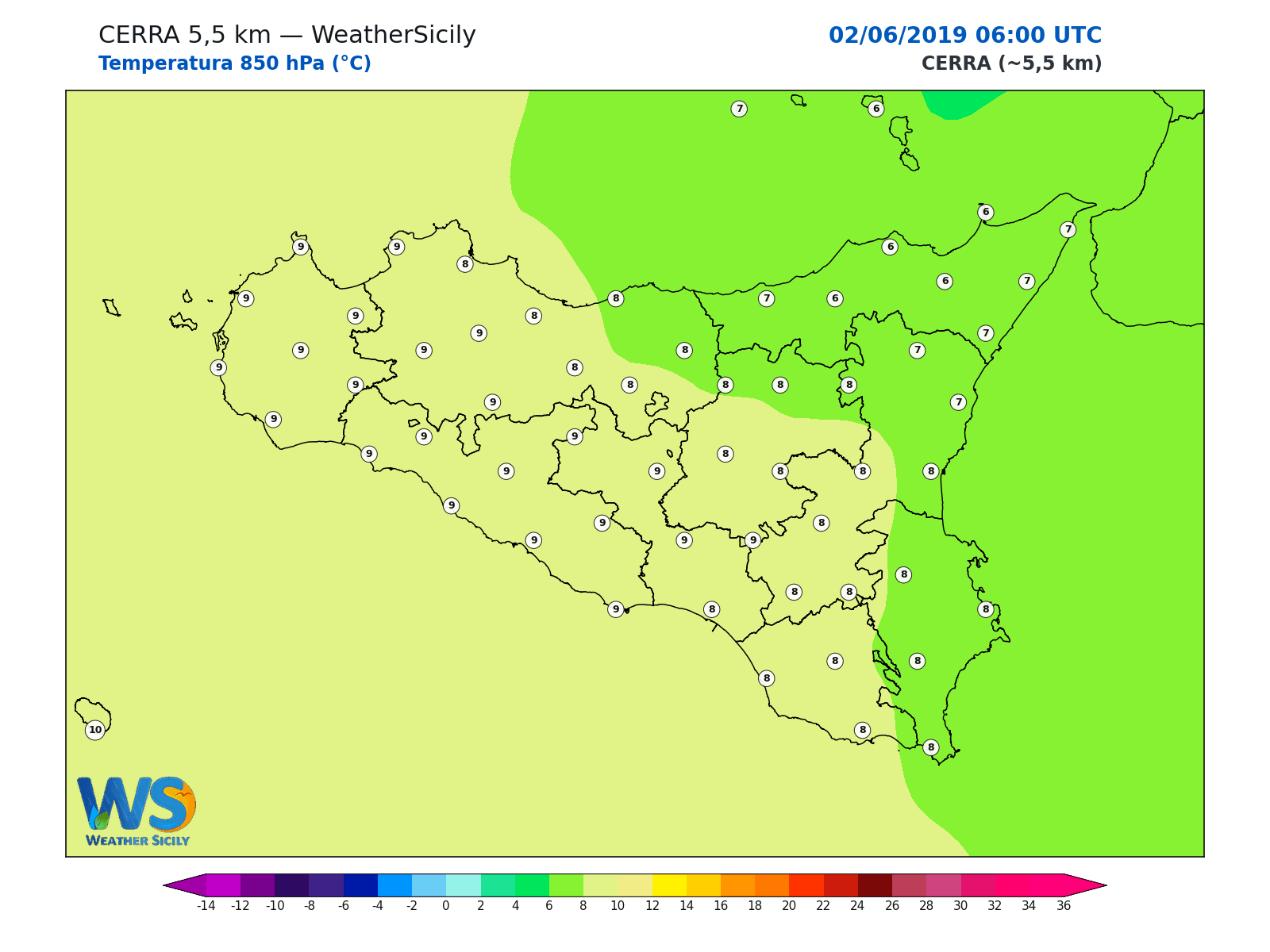 Temperatura a 850 hPa · 2019060206