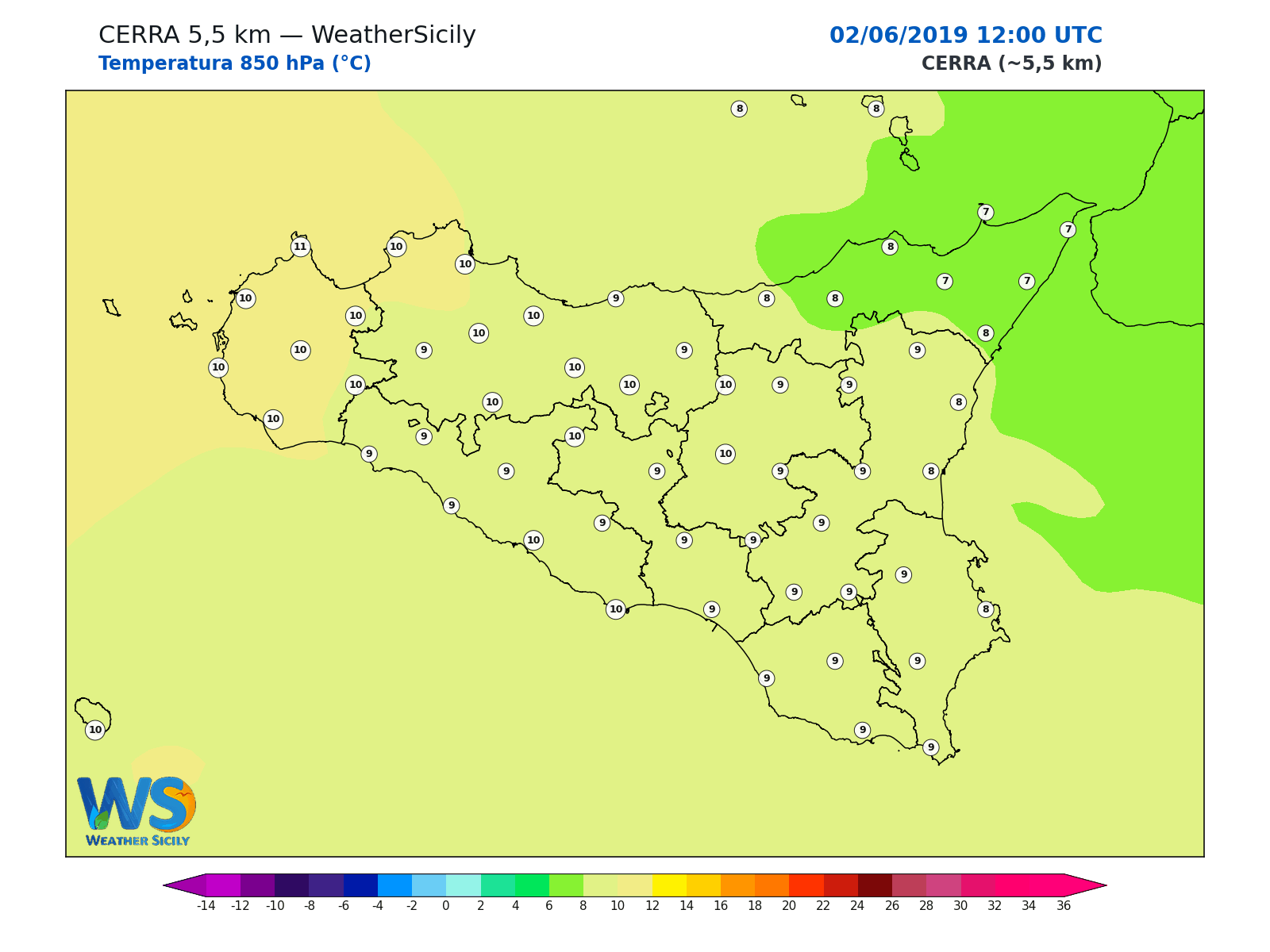 Temperatura a 850 hPa · 2019060212