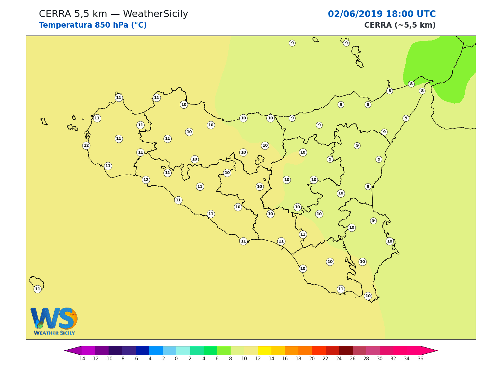 Temperatura a 850 hPa · 2019060218