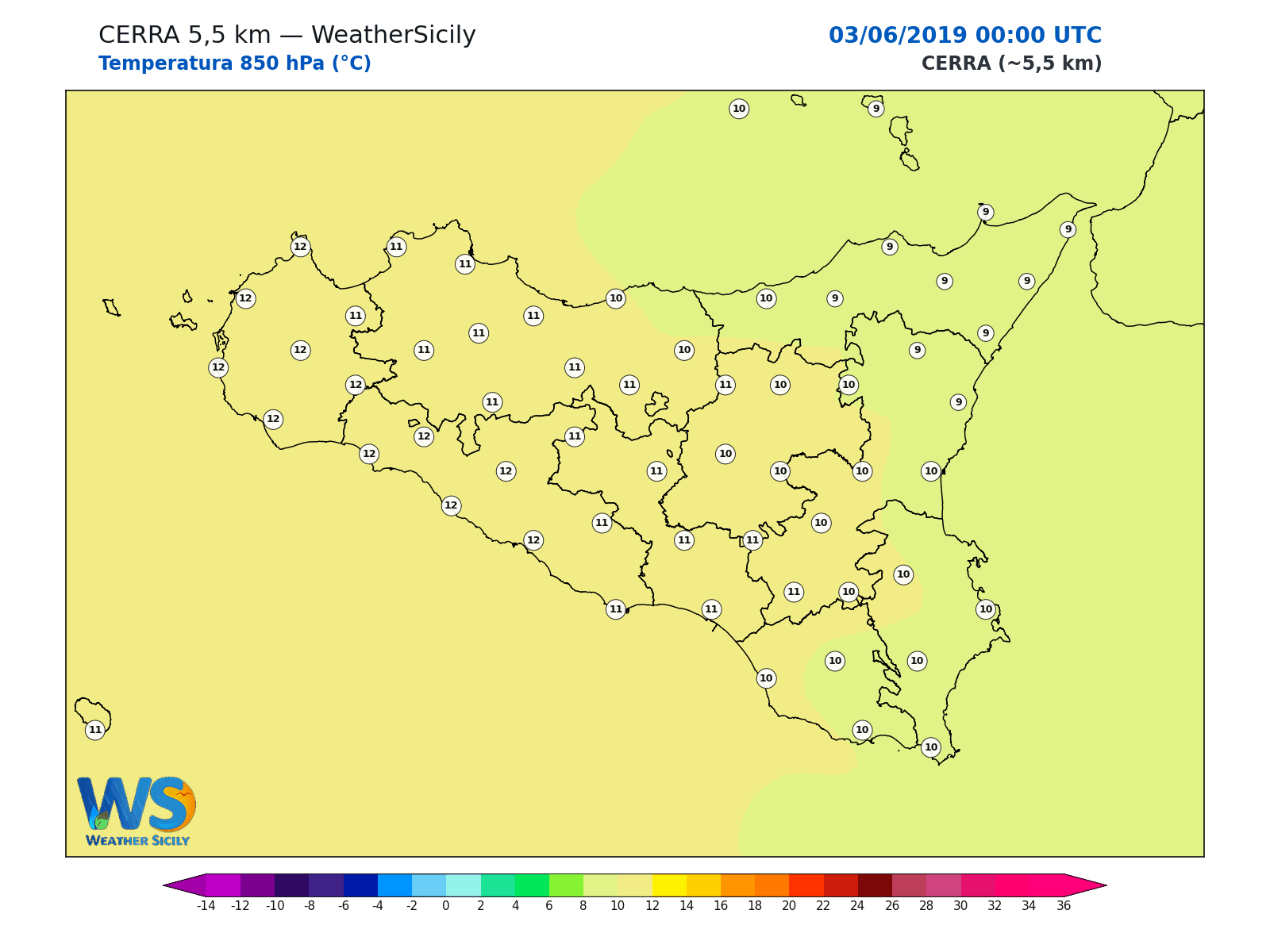 Temperatura a 850 hPa · 2019060300
