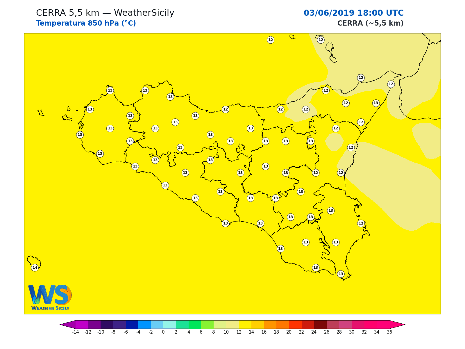 Temperatura a 850 hPa · 2019060318