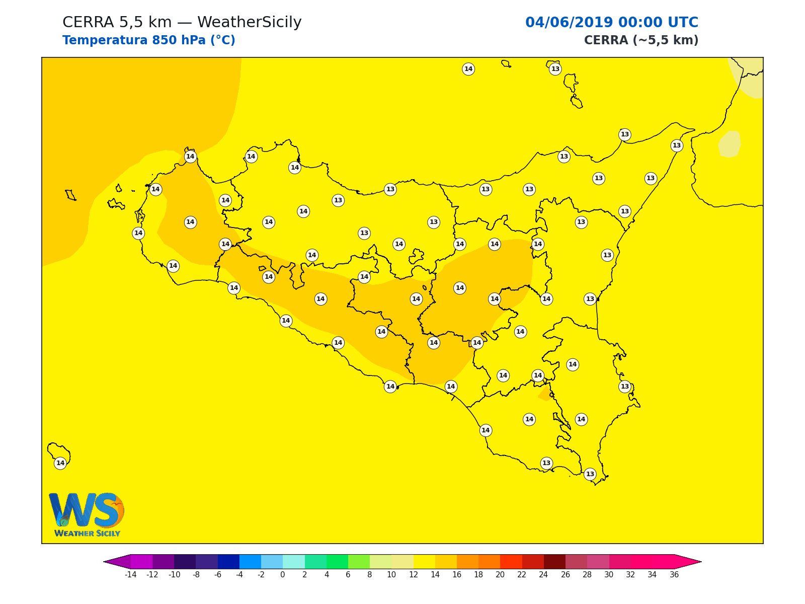 Temperatura a 850 hPa · 2019060400