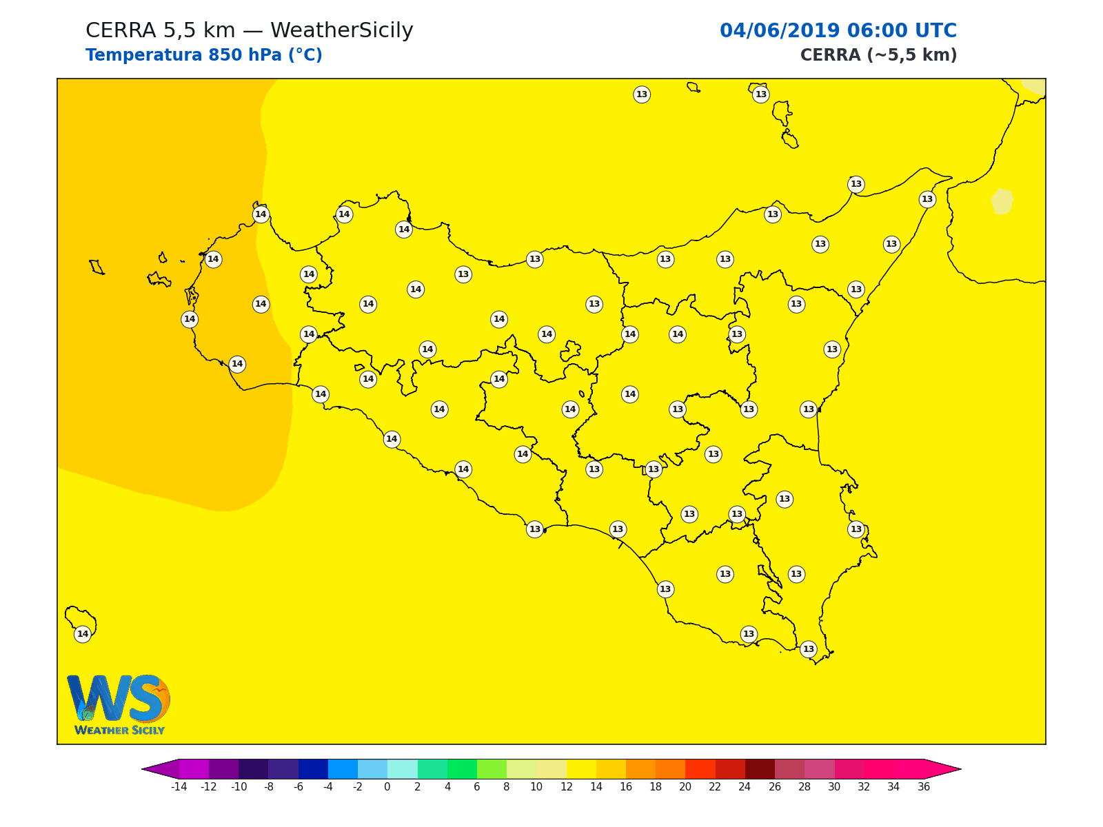 Temperatura a 850 hPa · 2019060406